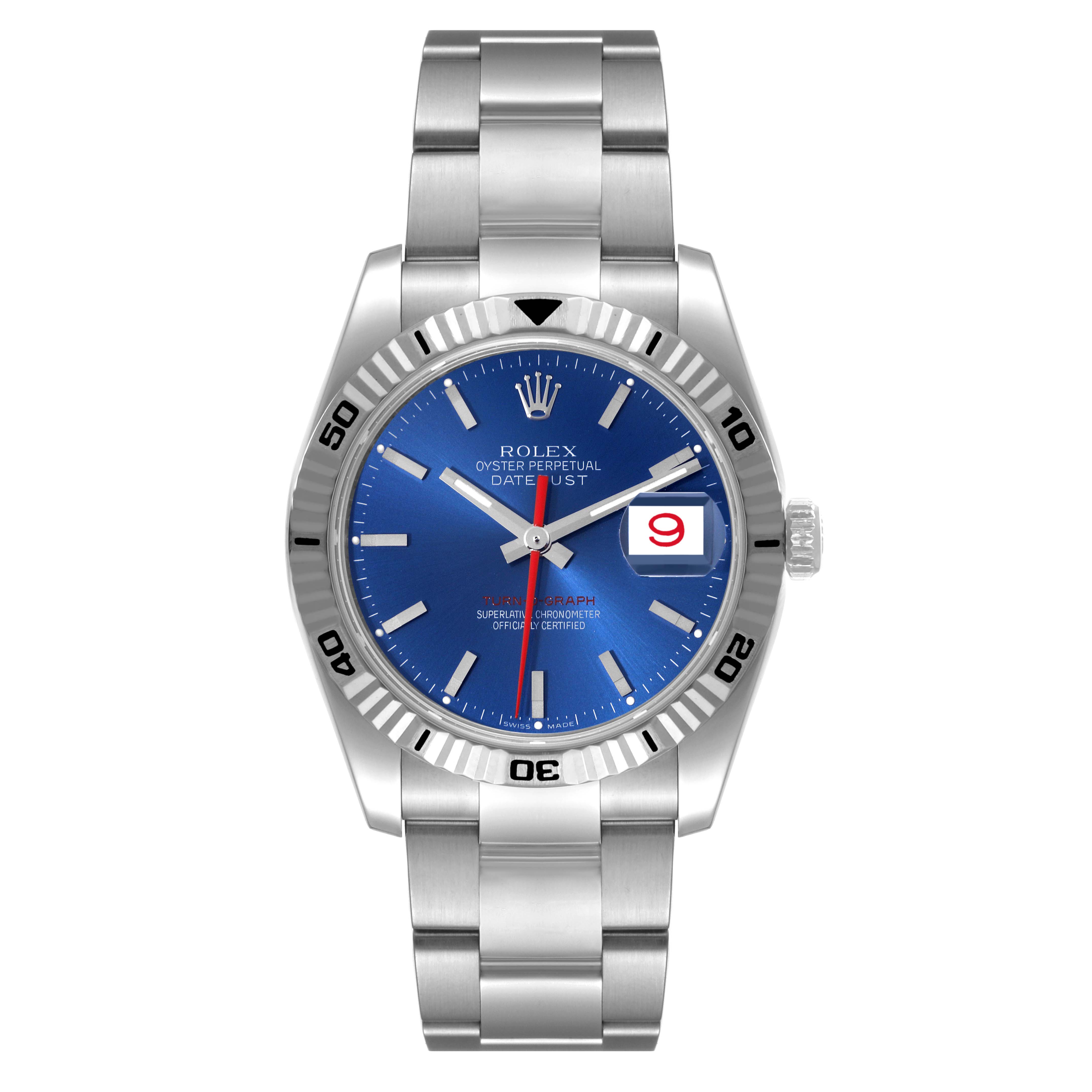 This image shows the front view of a Rolex Turn-o-Graph 116264 Men
s Stainless Steel Blue Dial 116264 Men
s Stainless Steel Blue Dial watch featuring a blue dial, date display, and stainless steel bracelet.