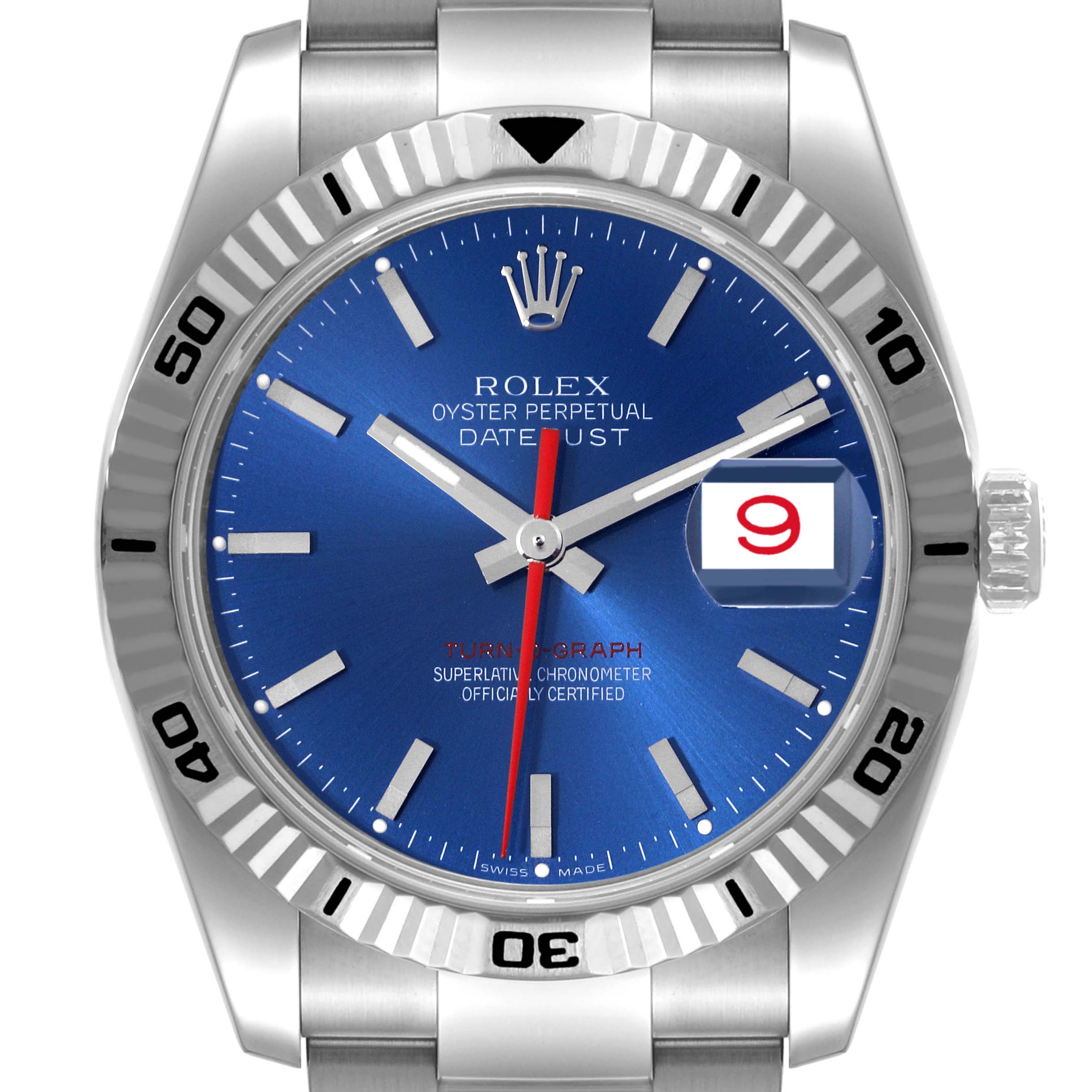 The image shows a Rolex Turn-o-Graph 116264 Men
s Stainless Steel Blue Dial 116264 Men
s Stainless Steel Blue Dial watch from a front angle, highlighting its blue dial, date display, and rotating bezel.