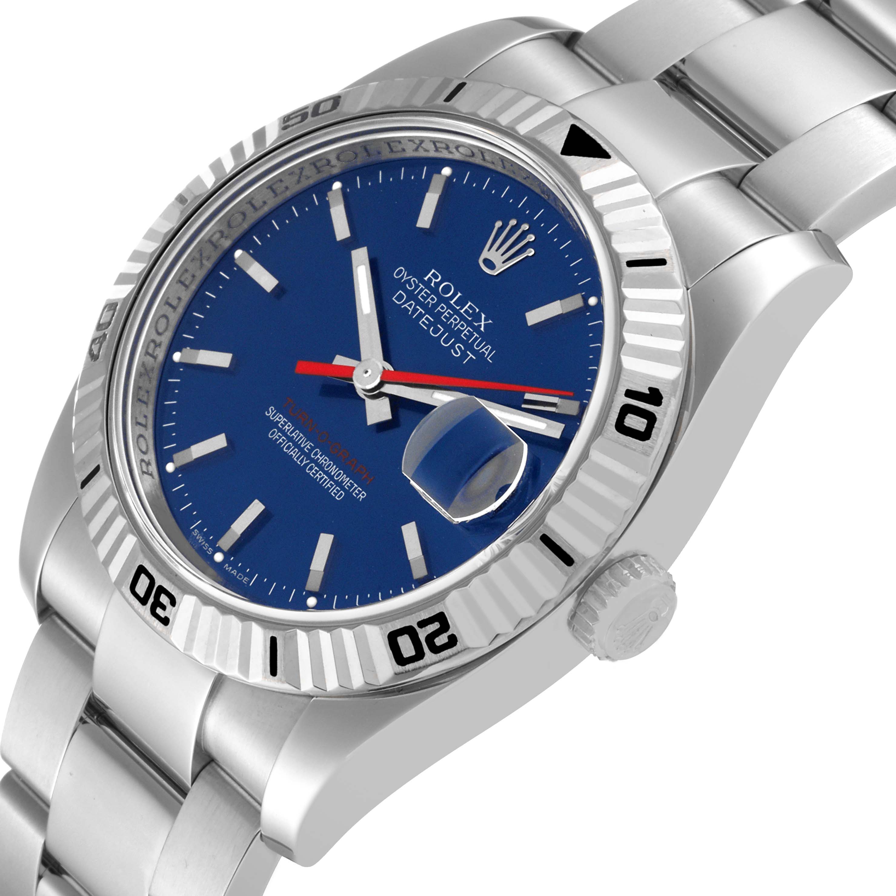 The Rolex Turn-o-Graph 116264 Men
s Stainless Steel Blue Dial 116264 Men
s Stainless Steel Blue Dial watch is shown at an angled view, highlighting its blue dial, bezel, crown, and part of its bracelet.