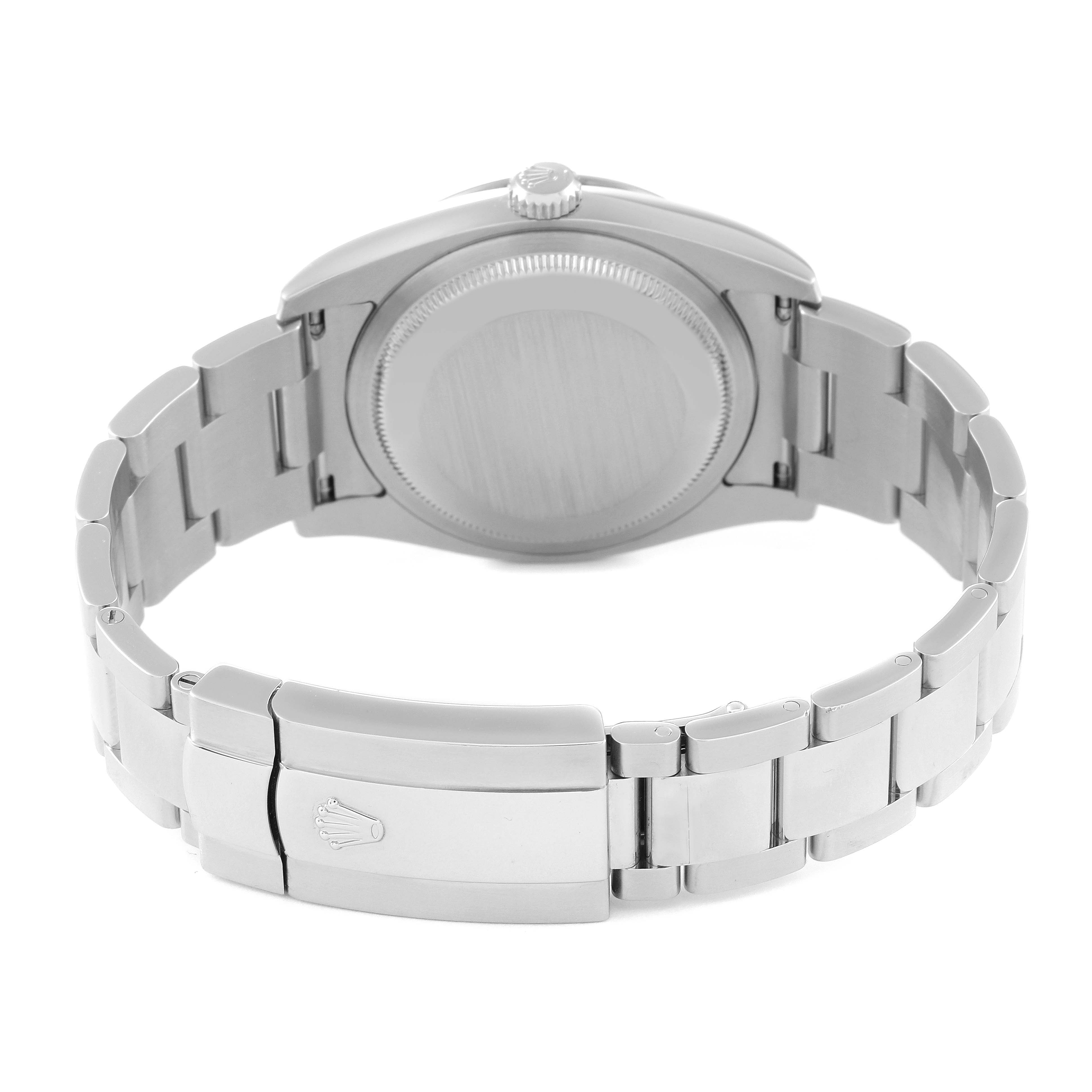 The image shows the back view of a Rolex Turn-o-Graph 116264 Men
s Stainless Steel Blue Dial 116264 Men
s Stainless Steel Blue Dial watch, highlighting the case back and bracelet with the clasp closed.