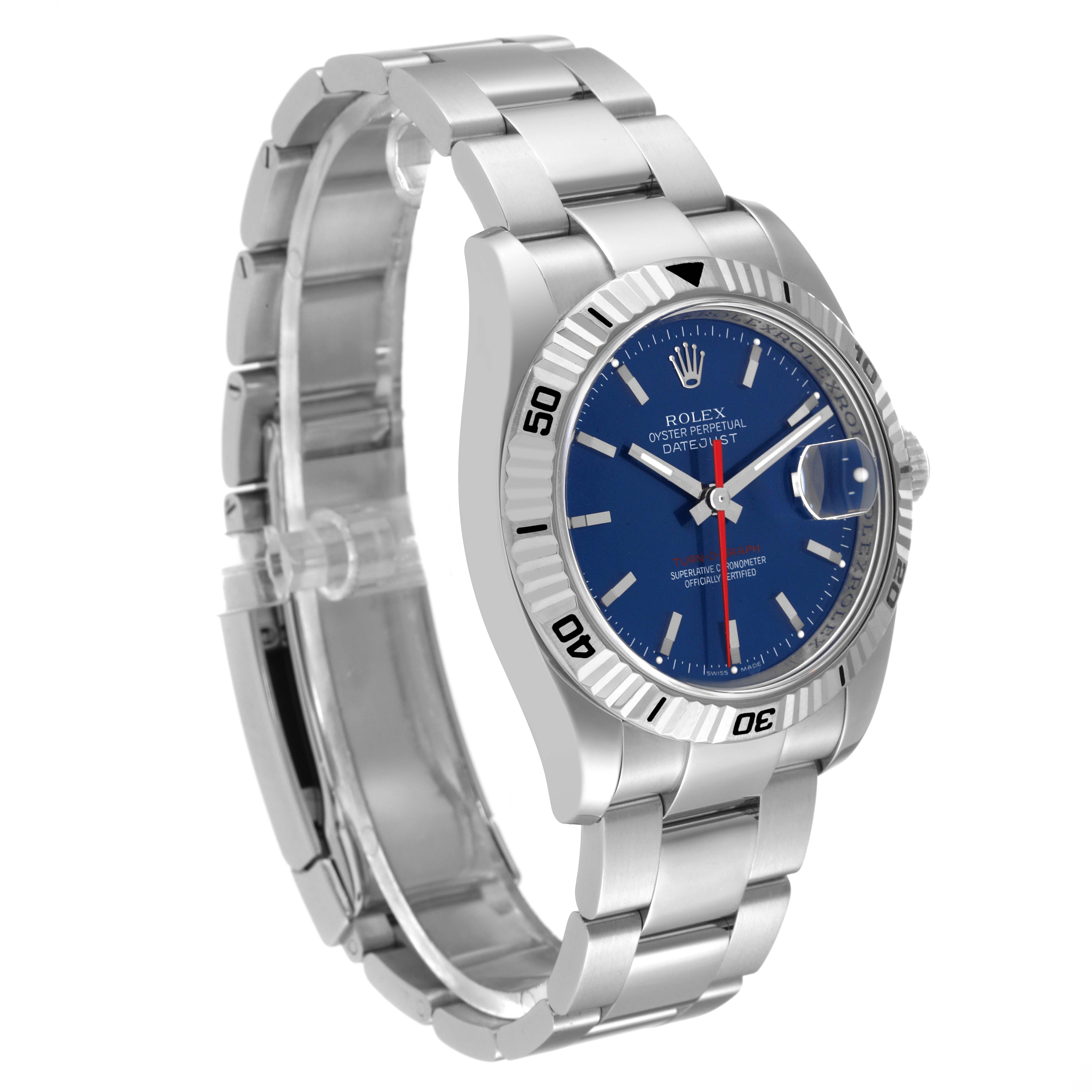 The image shows a Rolex Turn-o-Graph 116264 Men
s Stainless Steel Blue Dial 116264 Men
s Stainless Steel Blue Dial watch at an angle displaying the face, bezel, and bracelet.