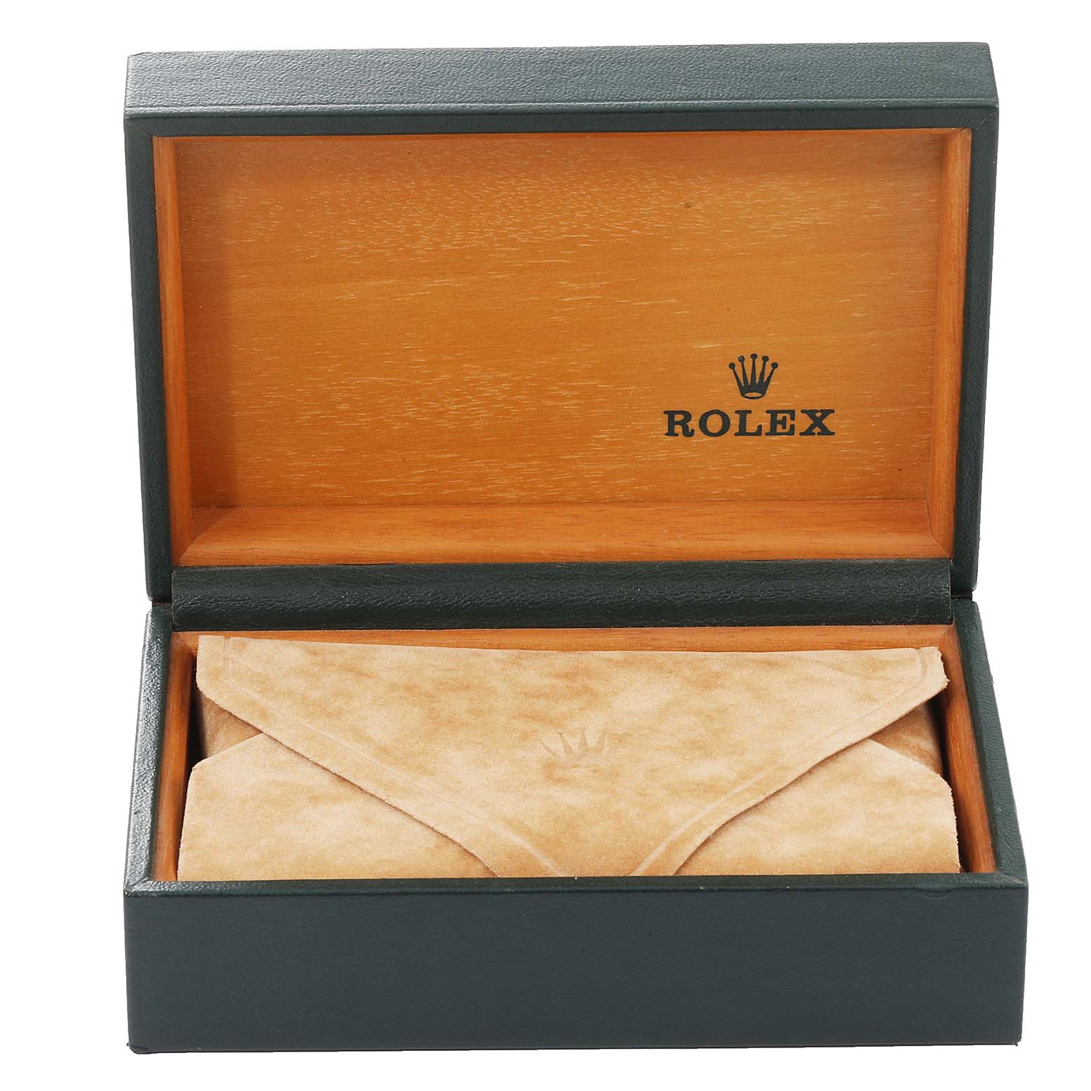 The image shows an open Rolex box with a suede pouch inside, likely for a Rolex Datejust 16234 Men's Stainless Steel White Dial 16234 Men's Stainless Steel White Dial watch.