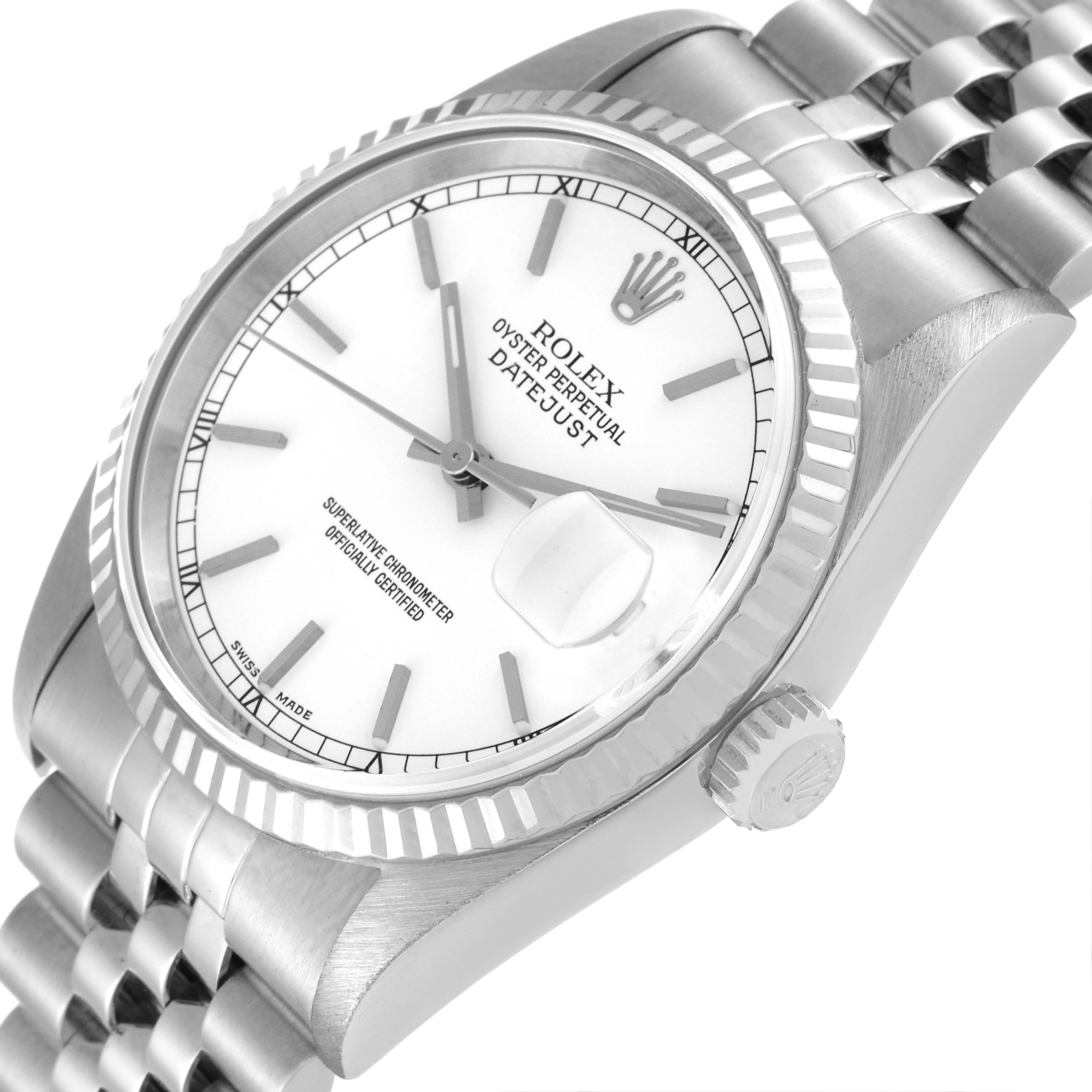 The image shows a side and partial frontal view of the Rolex Datejust 16234 Men's Stainless Steel White Dial 16234 Men's Stainless Steel White Dial watch, highlighting the dial, bezel, crown, and bracelet.