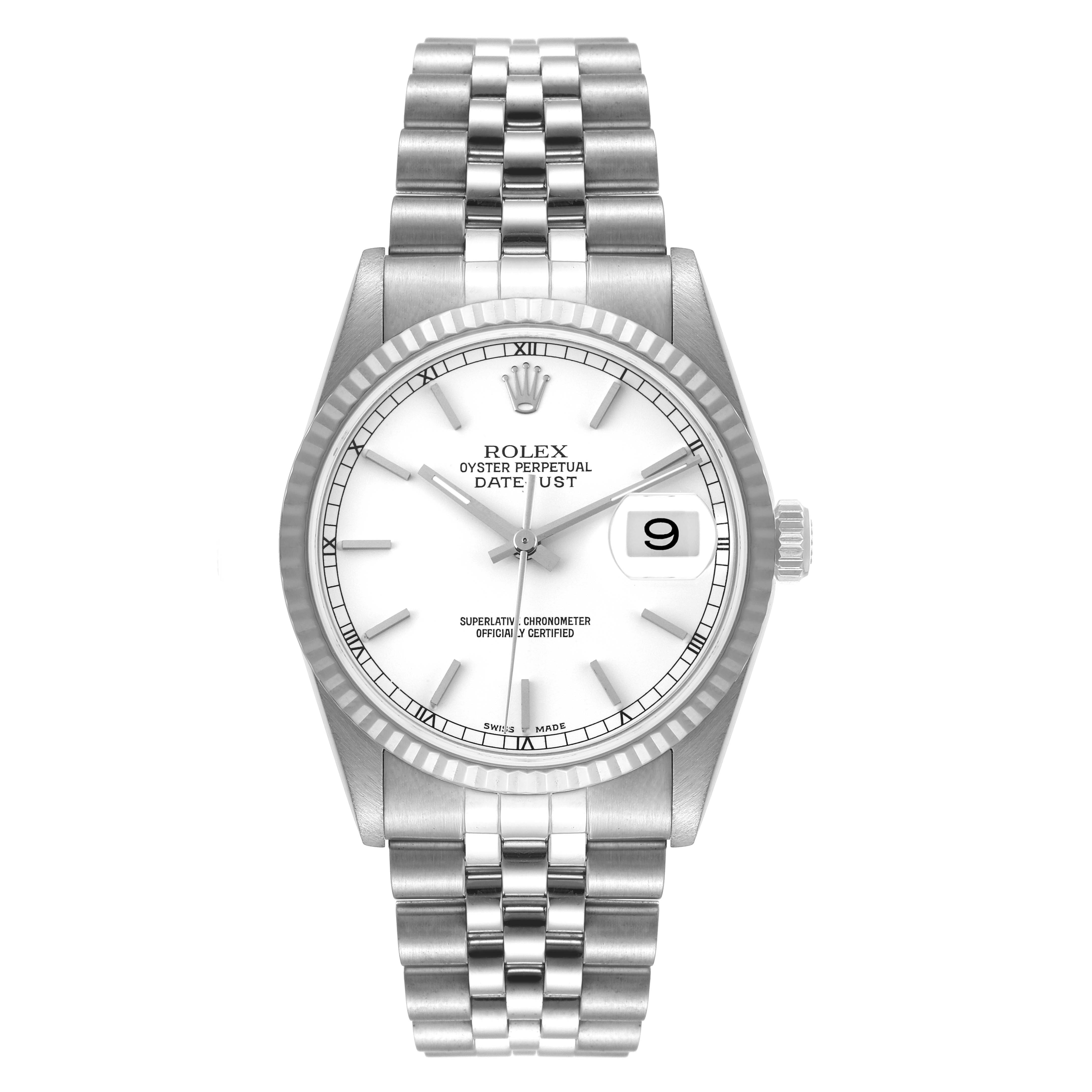 This image shows a front view of the Rolex Datejust 16234 Men's Stainless Steel White Dial 16234 Men's Stainless Steel White Dial watch, displaying its face, bezel, and bracelet.