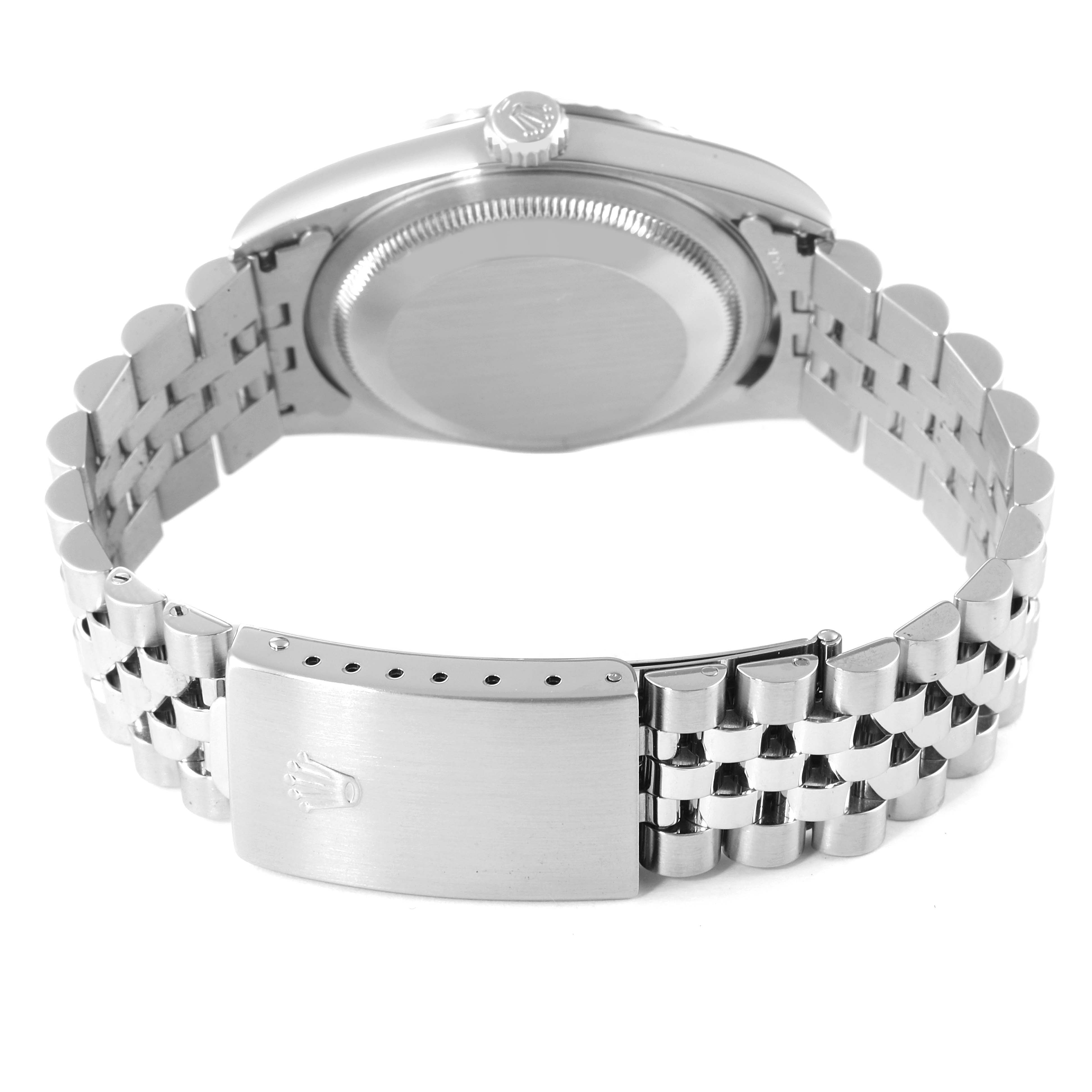 This image shows the back case and bracelet of a Rolex Datejust 16234 Men's Stainless Steel White Dial 16234 Men's Stainless Steel White Dial watch from a slightly elevated angle.