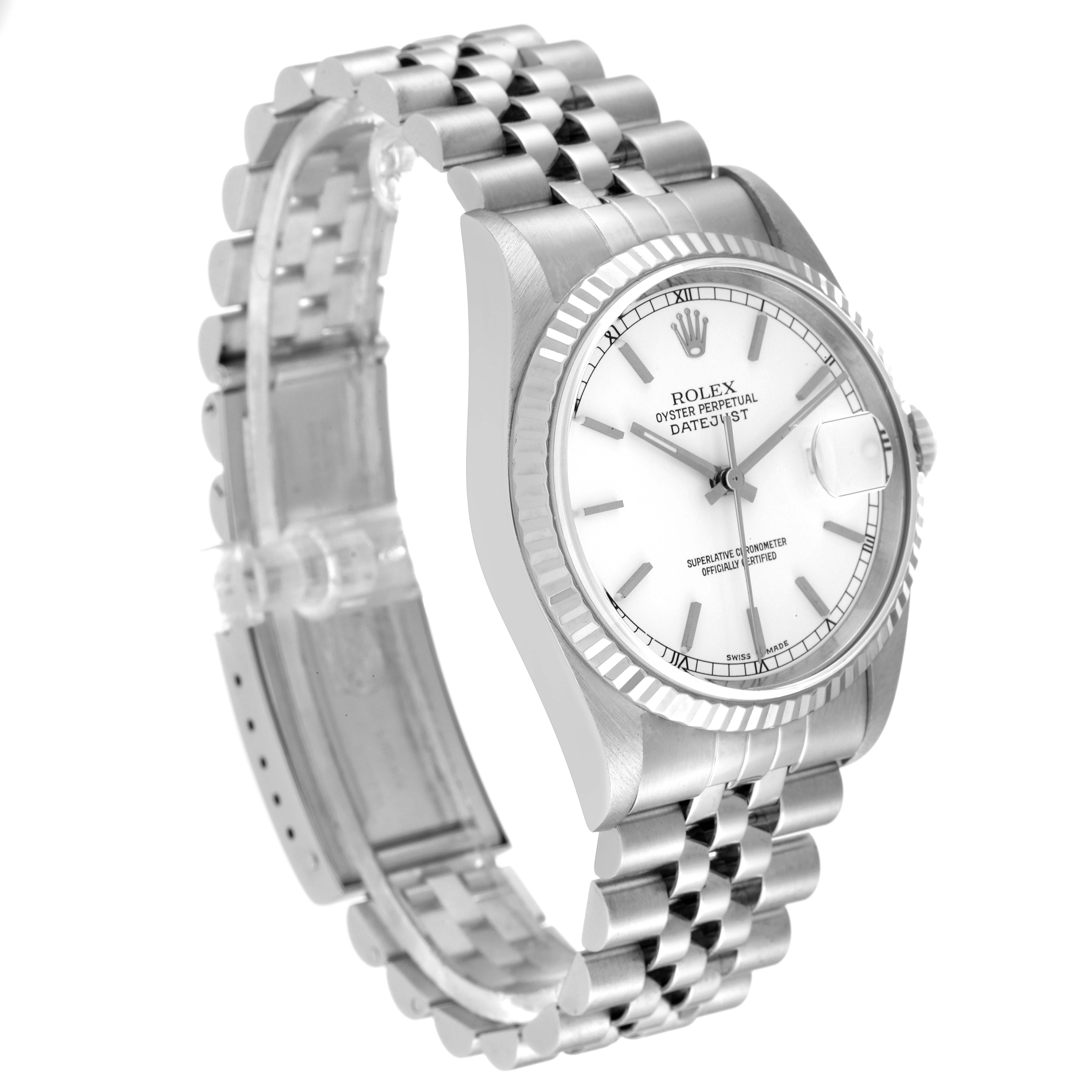 This image shows a Rolex Datejust 16234 Men's Stainless Steel White Dial 16234 Men's Stainless Steel White Dial watch at an angled side view highlighting the face, bezel, and bracelet.