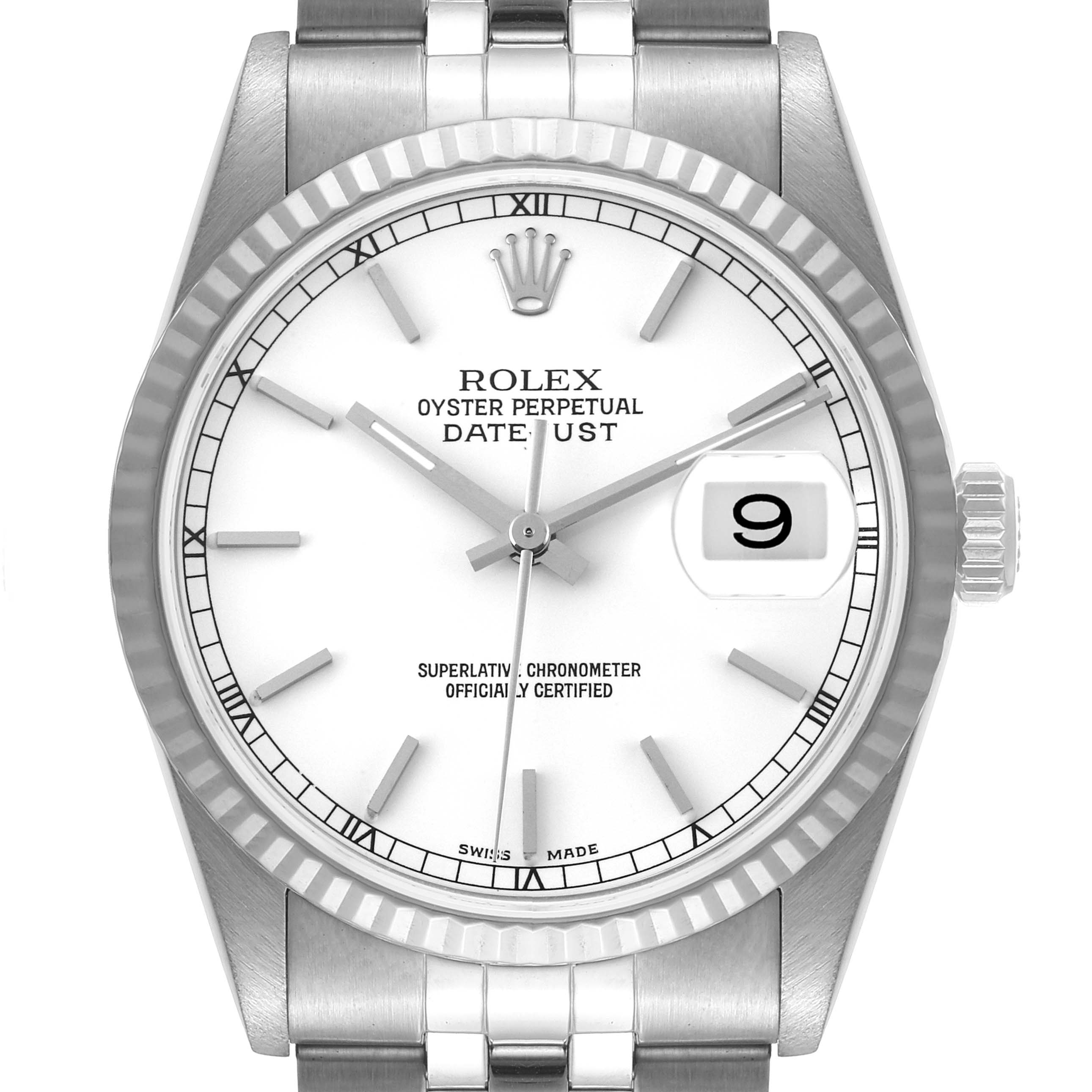 The image shows a close-up of a Rolex Datejust 16234 Men's Stainless Steel White Dial 16234 Men's Stainless Steel White Dial watch's face, bezel, crown, and a portion of its bracelet.