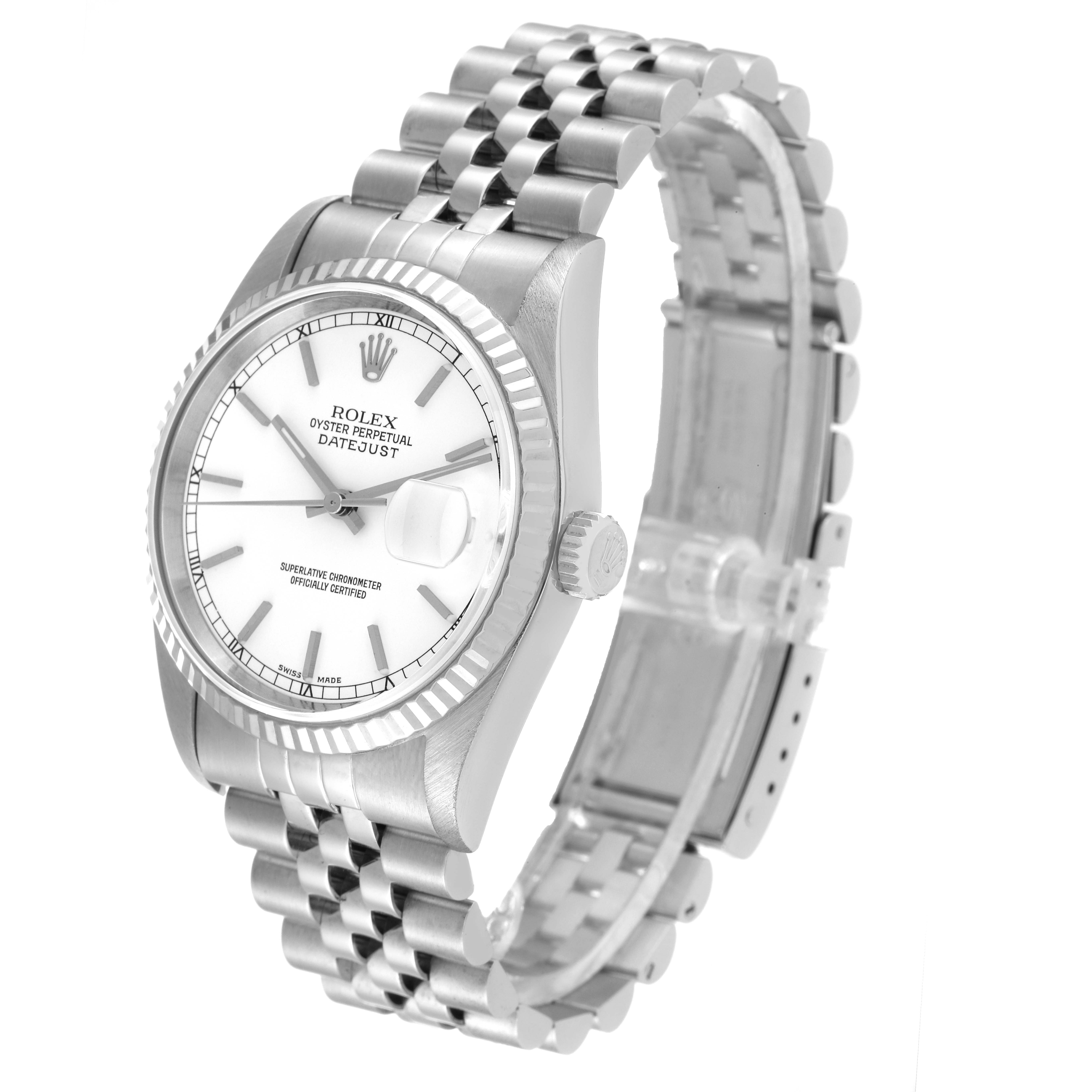 The Rolex Datejust 16234 Men's Stainless Steel White Dial 16234 Men's Stainless Steel White Dial watch is shown at a three-quarter angle, highlighting the bracelet, bezel, crown, and dial.