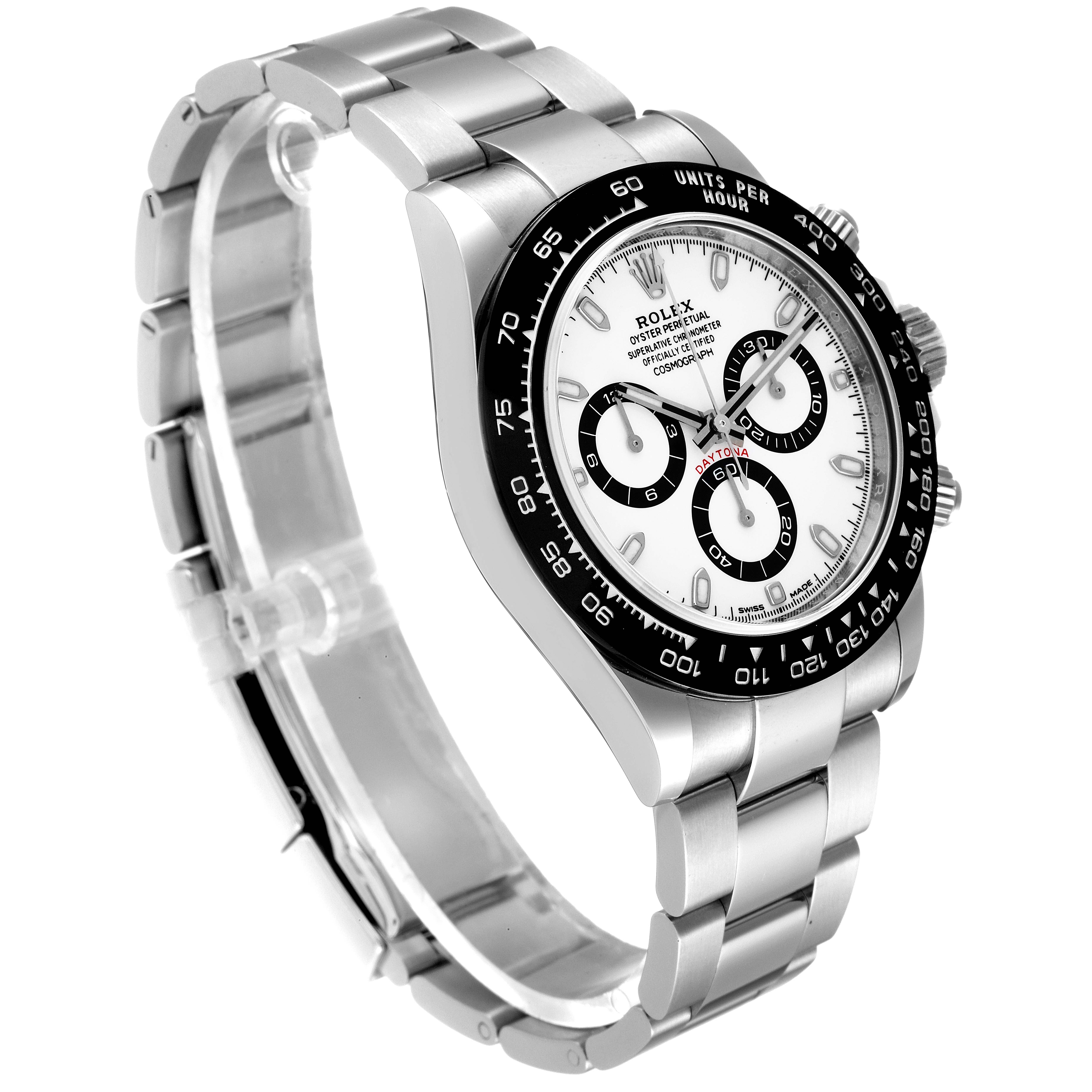 The image shows a side angled view of the Rolex Daytona 116500 Men's Stainless Steel White Dial 116500 Men's Stainless Steel White Dial watch, highlighting its face, watch band, and tachymeter bezel.