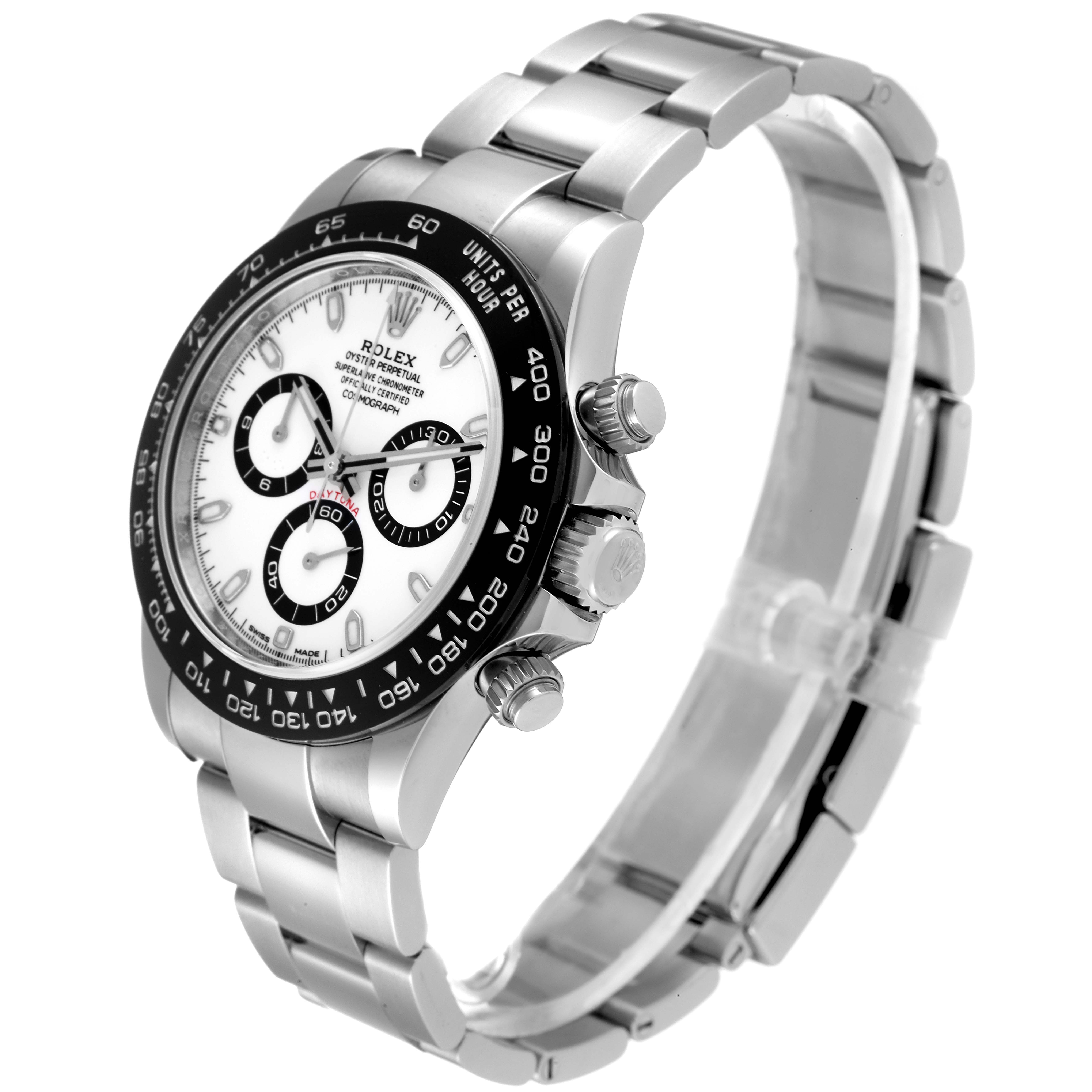 The image shows a top-side view of the Rolex Daytona 116500 Men's Stainless Steel White Dial 116500 Men's Stainless Steel White Dial watch, highlighting the face, bezel, crown, and bracelet.