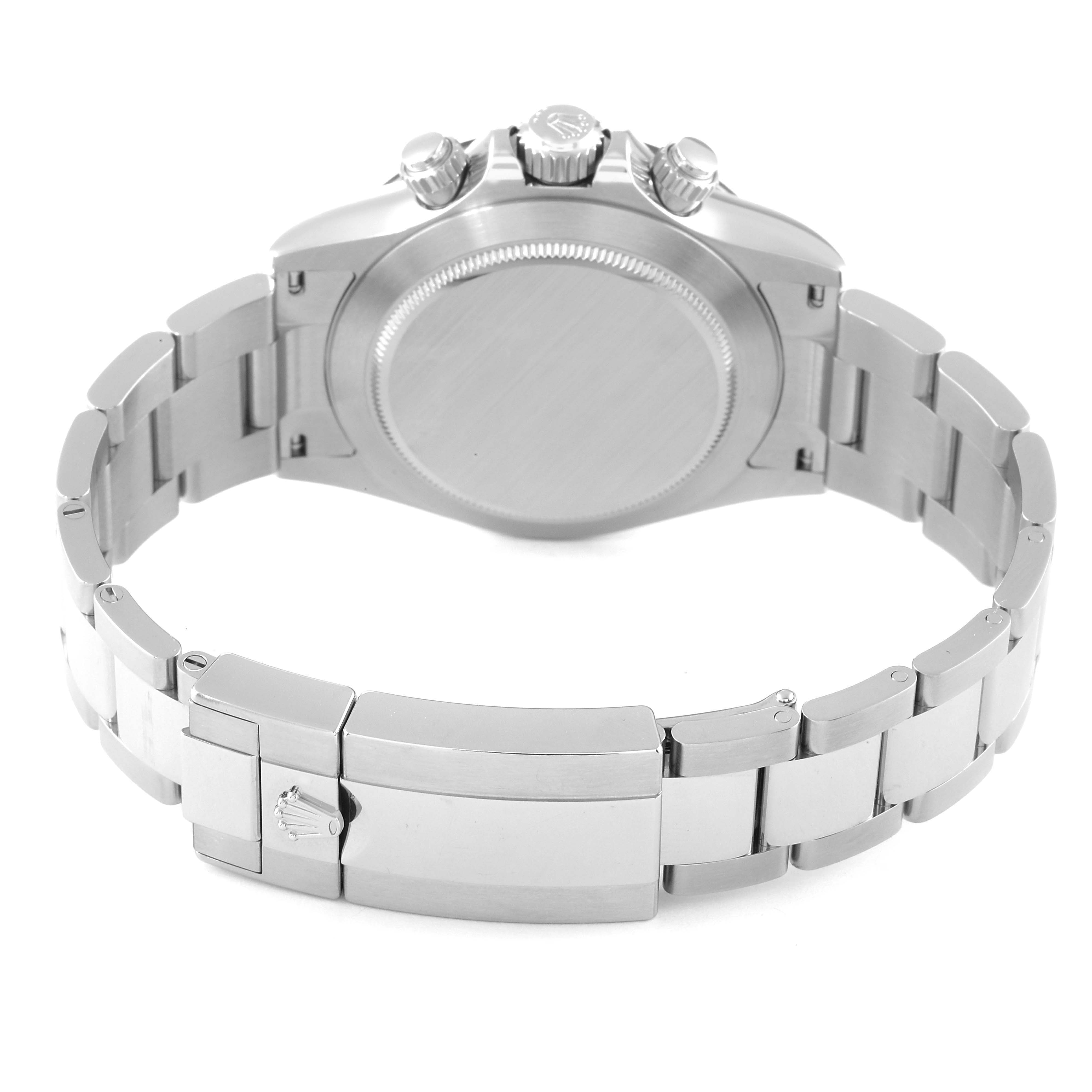 The image shows the back and bracelet of a Rolex Daytona 116500 Men's Stainless Steel White Dial 116500 Men's Stainless Steel White Dial watch, highlighting the clasp and rear casing.