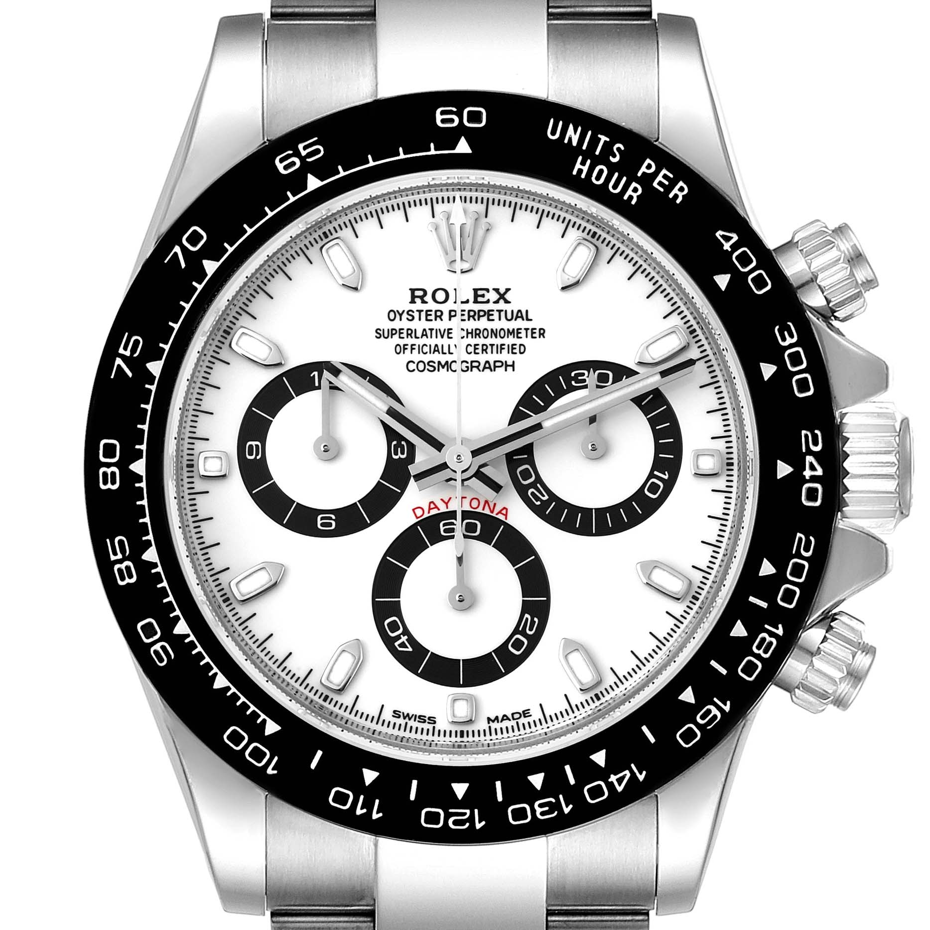 This is a front-angle view of a Rolex Daytona 116500 Men's Stainless Steel White Dial 116500 Men's Stainless Steel White Dial watch, showcasing its face, bezel, and crown.