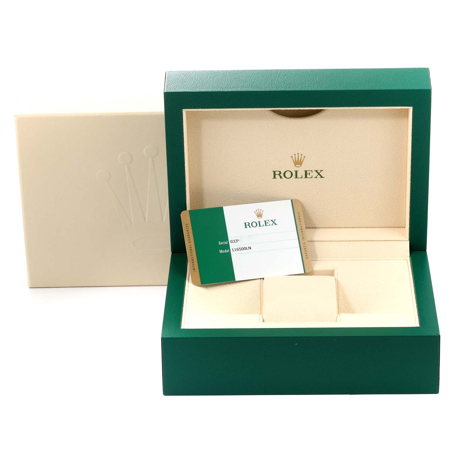 The image shows the Rolex Daytona 116500 Men's Stainless Steel White Dial 116500 Men's Stainless Steel White Dial watch box and card from a front angle.