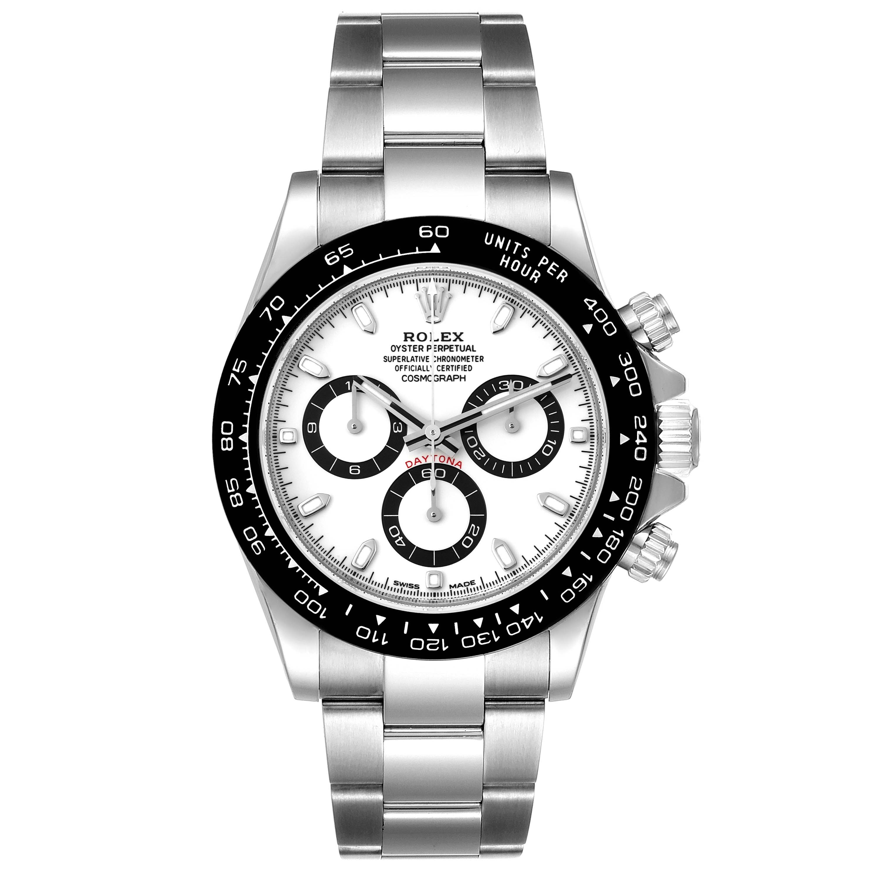 The image shows a front view of the Rolex Daytona 116500 Men's Stainless Steel White Dial 116500 Men's Stainless Steel White Dial watch, showcasing its dial, bezel, and bracelet.