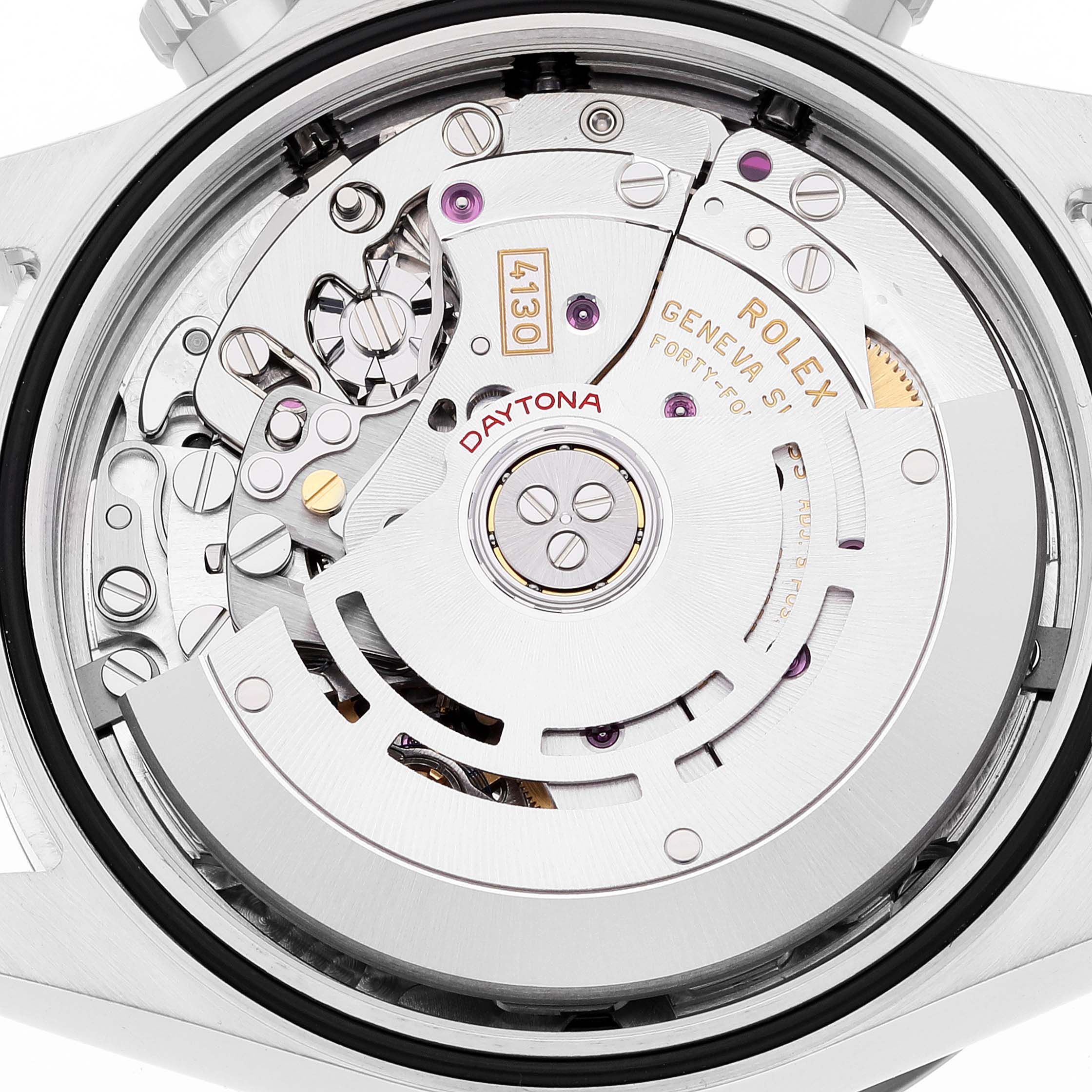 This is an open-back view of the Rolex Daytona 116500 Men
s Stainless Steel White Dial 116500 Men
s Stainless Steel White Dial, showing its intricate automatic movement mechanism.