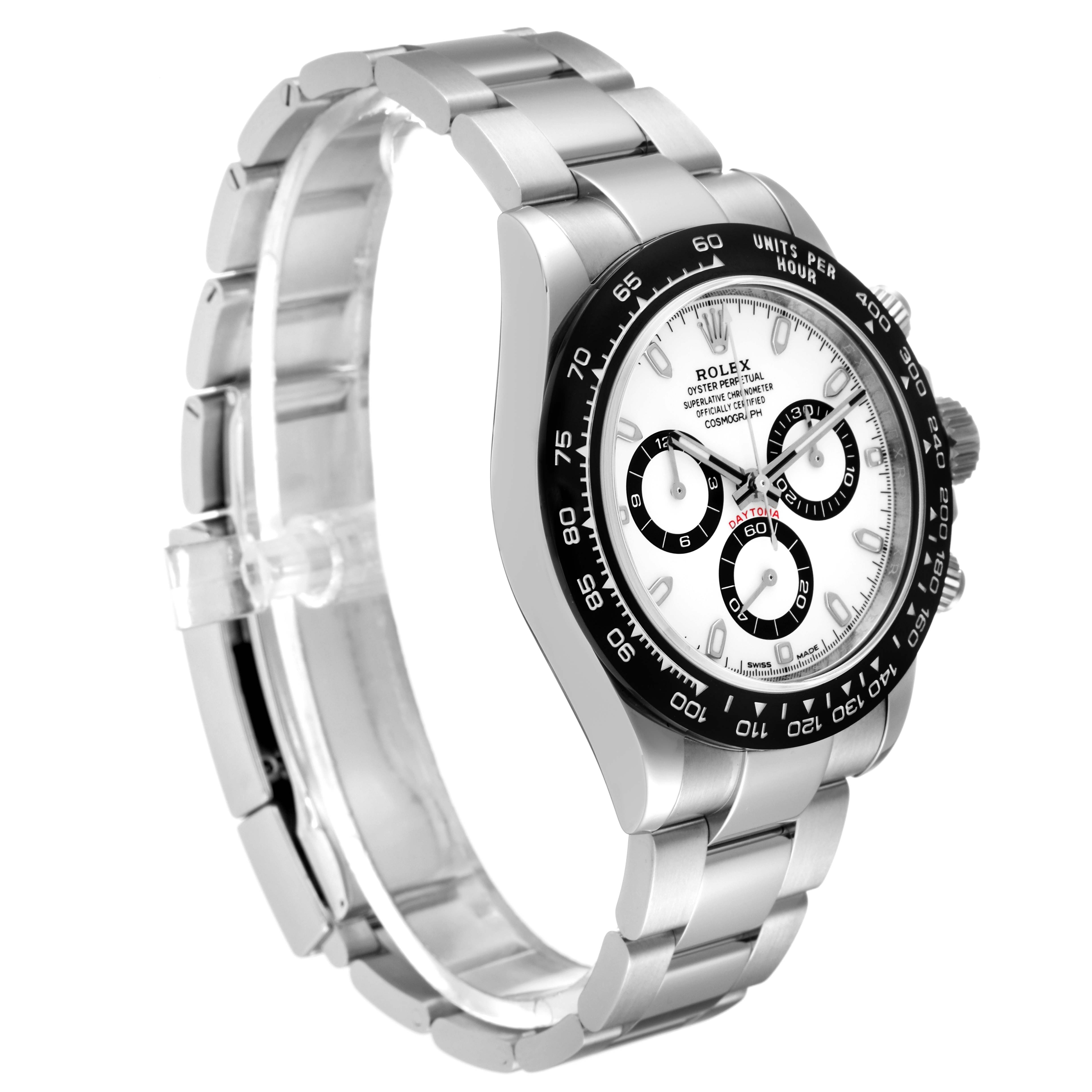 The image shows a Rolex Daytona 116500 Men
s Stainless Steel White Dial 116500 Men
s Stainless Steel White Dial watch angled to display the face, bezel, and part of the bracelet.