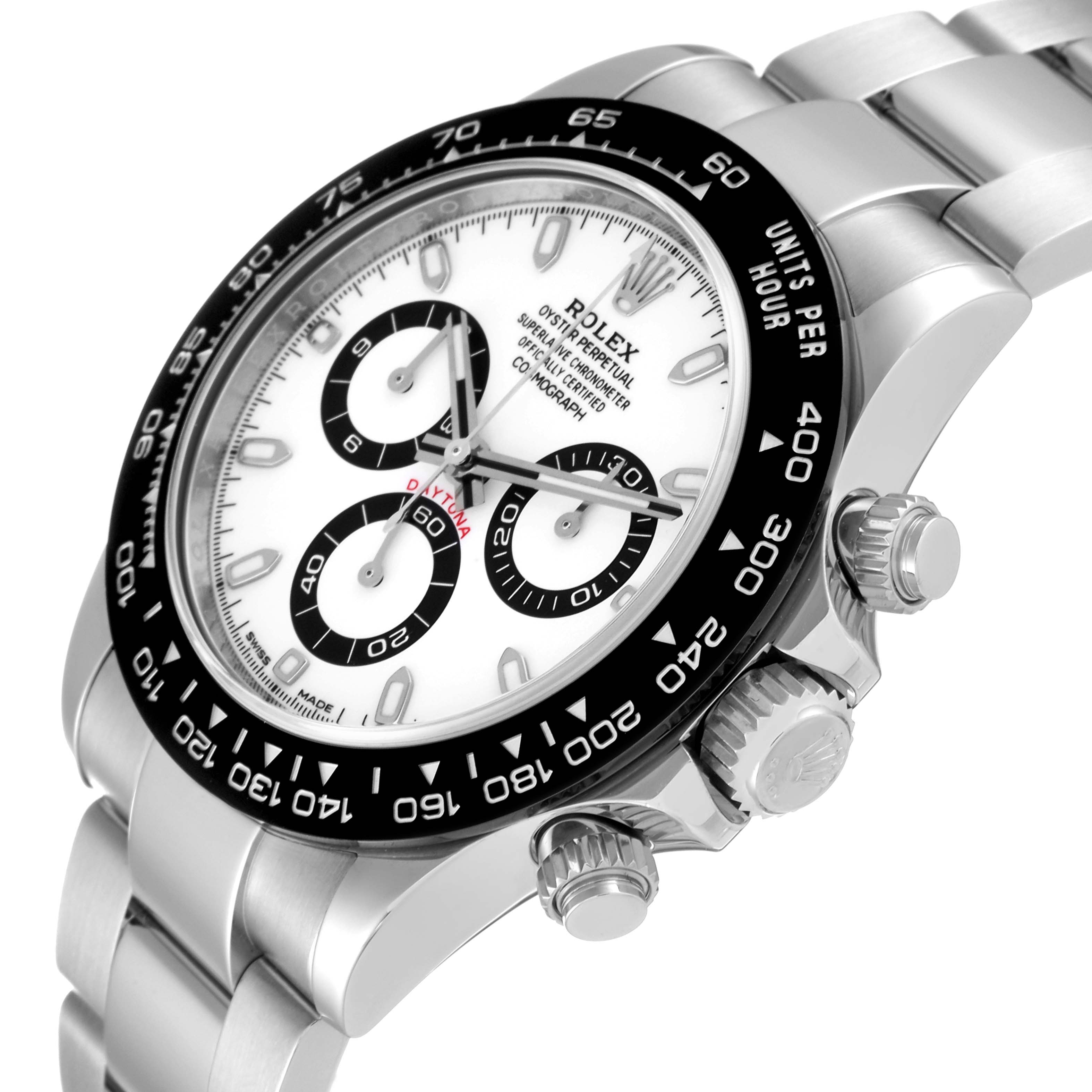 The image shows a close-up, angled view of the Rolex Daytona 116500 Men
s Stainless Steel White Dial 116500 Men
s Stainless Steel White Dial watch, highlighting its face, bezel, crown, and chronograph pushers.