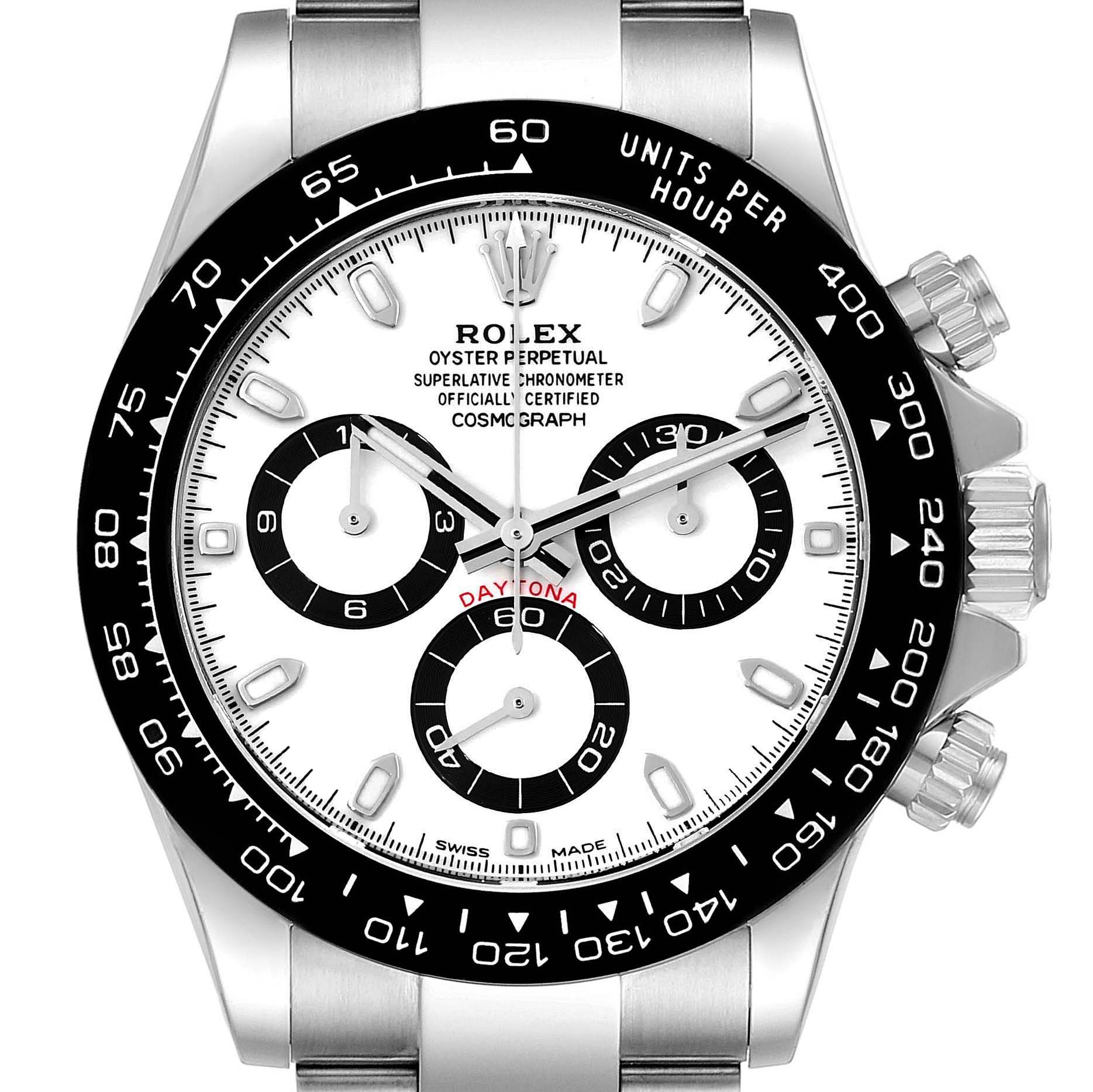 The image shows a front view of the Rolex Daytona 116500 Men
s Stainless Steel White Dial 116500 Men
s Stainless Steel White Dial watch, highlighting its dial, bezel, and push buttons.