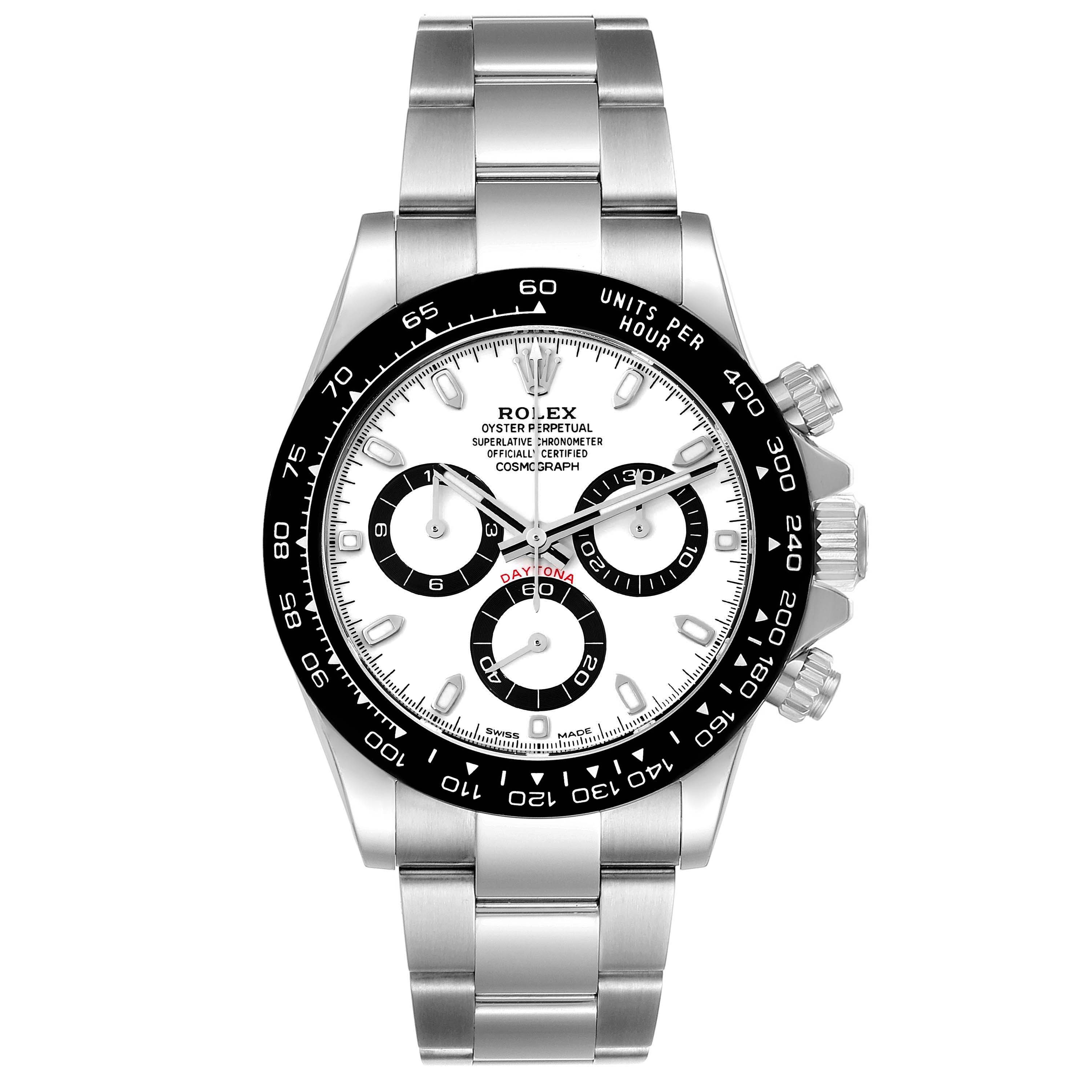 This is a head-on view of a Rolex Daytona 116500 Men
s Stainless Steel White Dial 116500 Men
s Stainless Steel White Dial watch displaying its face, bezel, crown, and bracelet.
