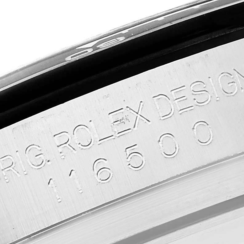 Close-up angle showing the engraved model number "116500" and "ROLEX DESIGN" on the case of a Rolex Daytona 116500 Men
s Stainless Steel White Dial 116500 Men
s Stainless Steel White Dial watch.