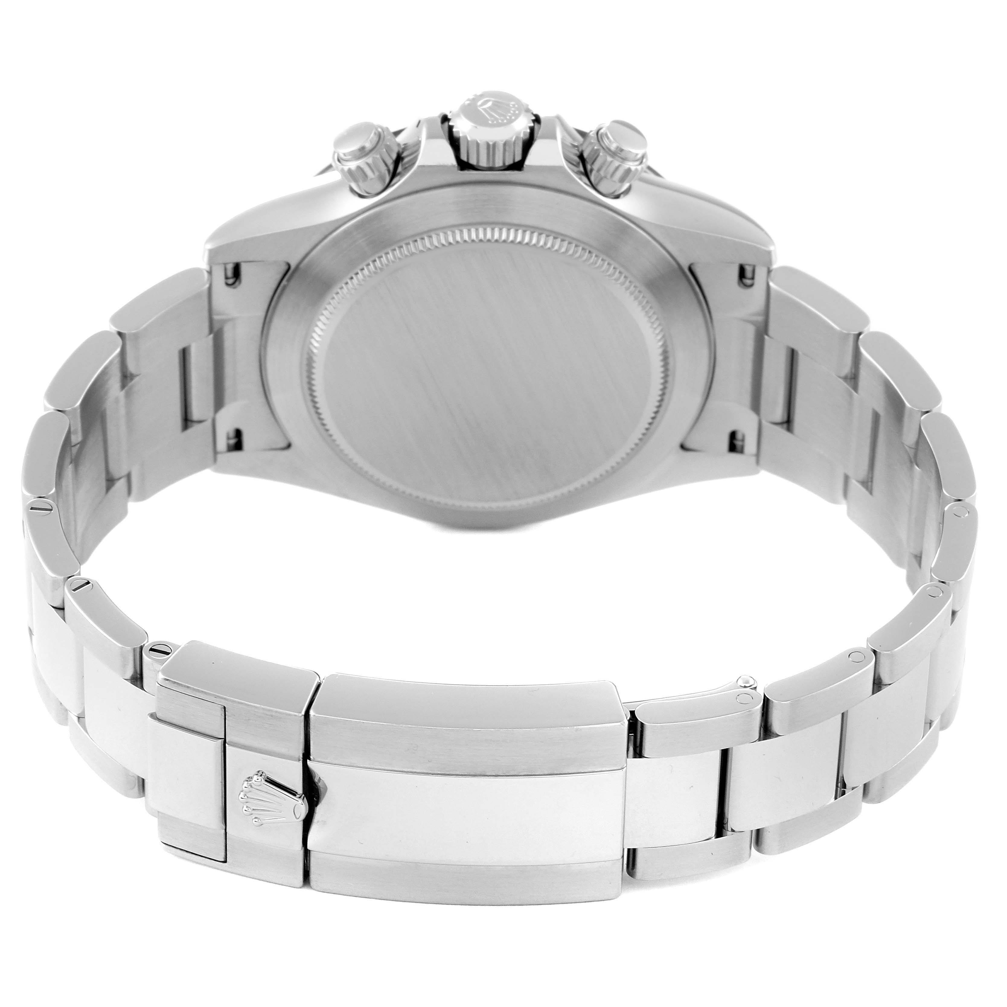 This image shows the back and bracelet of a Rolex Daytona 116500 Men
s Stainless Steel White Dial 116500 Men
s Stainless Steel White Dial watch, viewed from the rear.