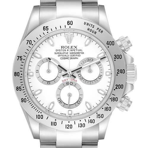 The Rolex Daytona 116520 Men's Stainless Steel White Dial watch is shown from a front angle, highlighting the dial, subdials, pushers, and part of the bracelet.