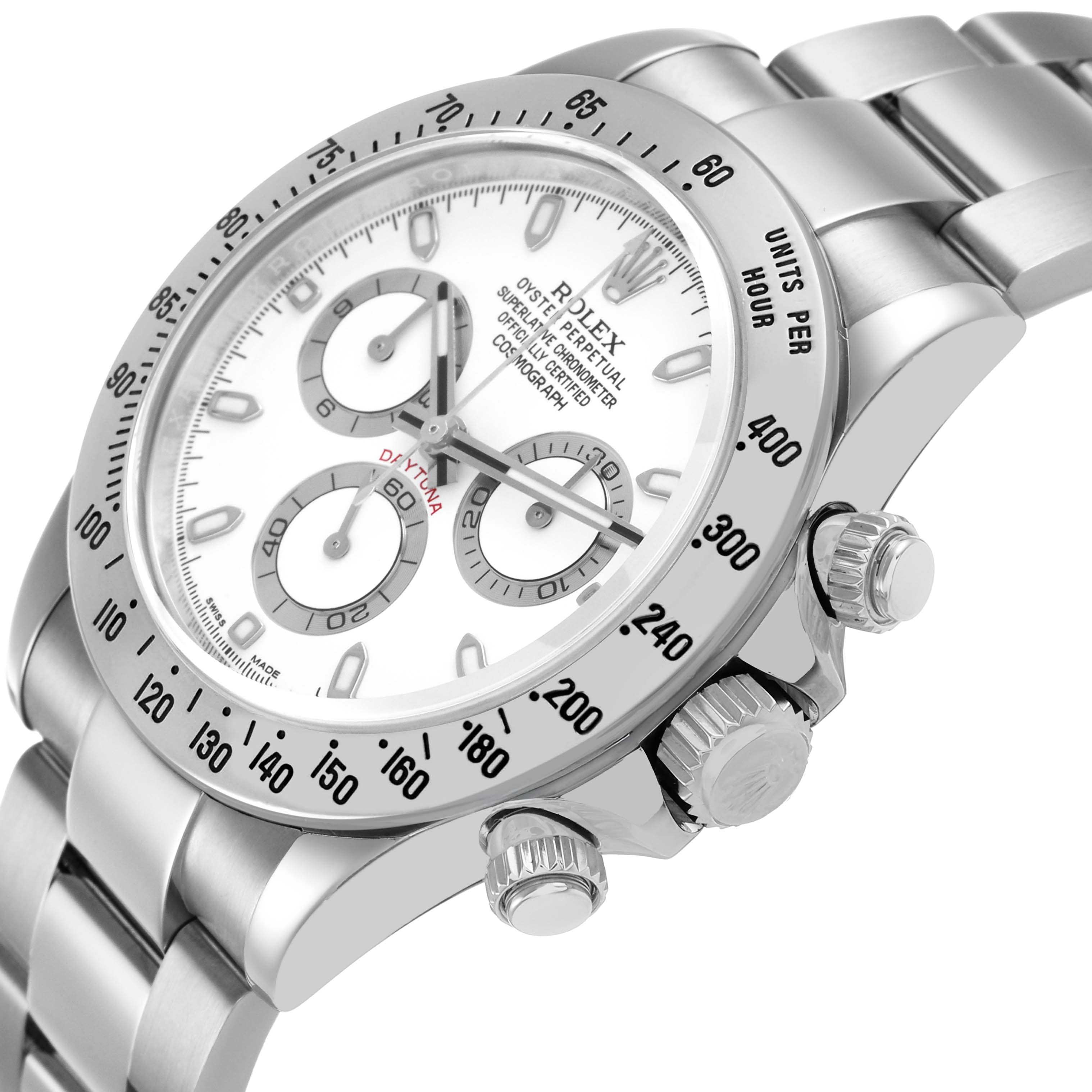 The Rolex Daytona 116520 Men's Stainless Steel White Dial watch is shown at a tilted angle, displaying the face, bezel, chronograph dials, and side buttons.