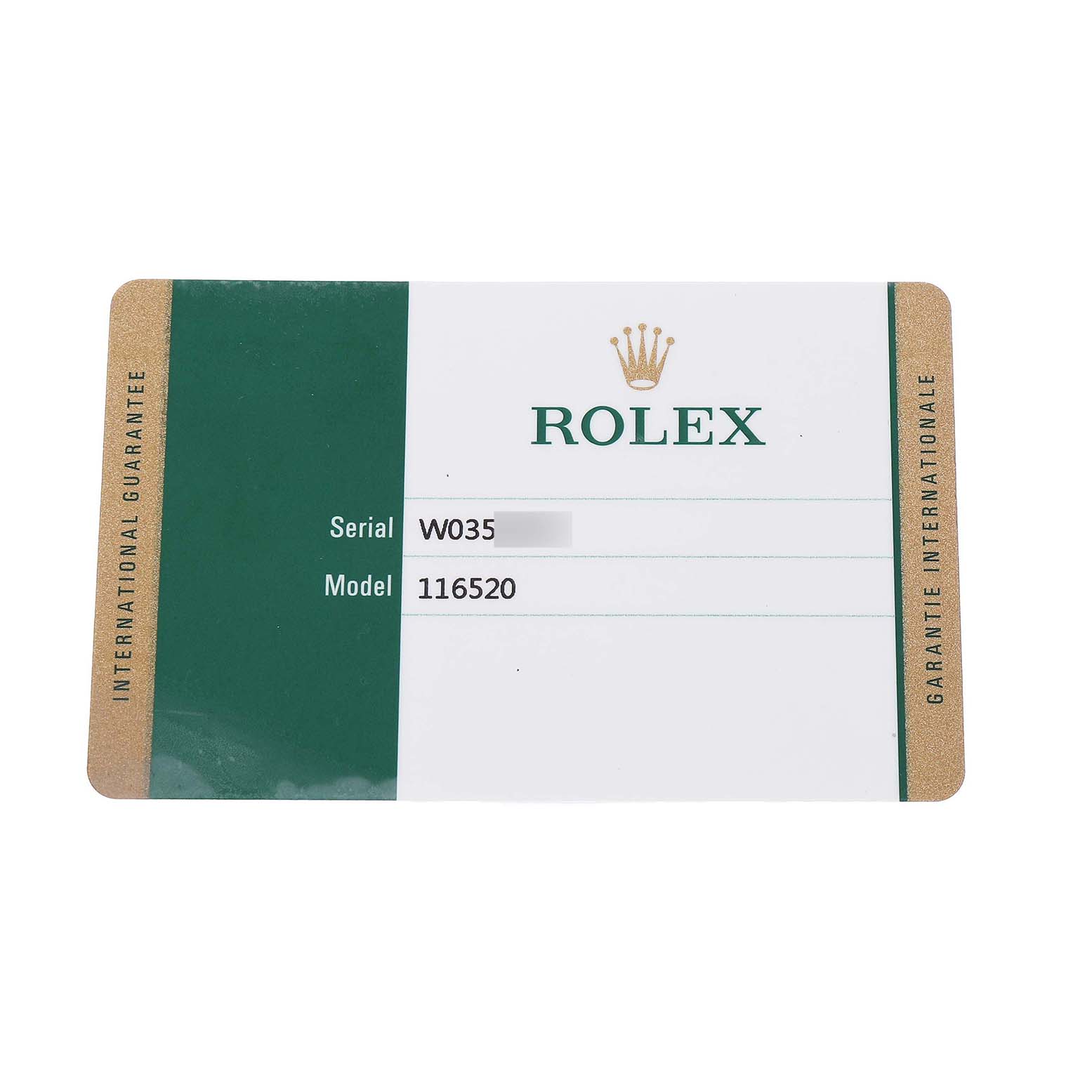 The image shows a Rolex Daytona 116520 Men's Stainless Steel White Dial international guarantee card displaying the model number "116520" with a green and white design.