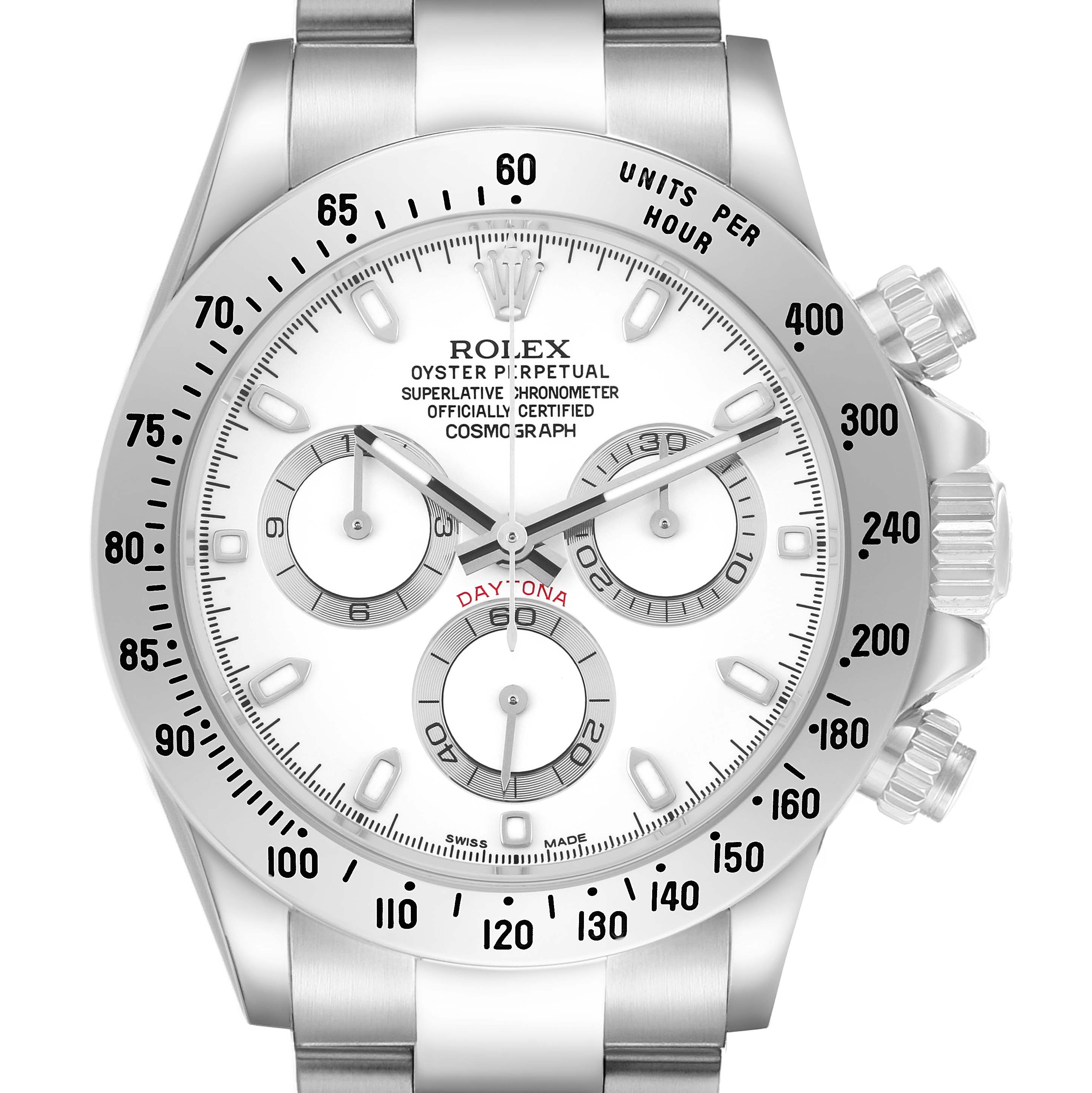 The Rolex Daytona 116520 Men's Stainless Steel White Dial watch is shown from the front, displaying its face, dials, bezel, pushers, and crown.