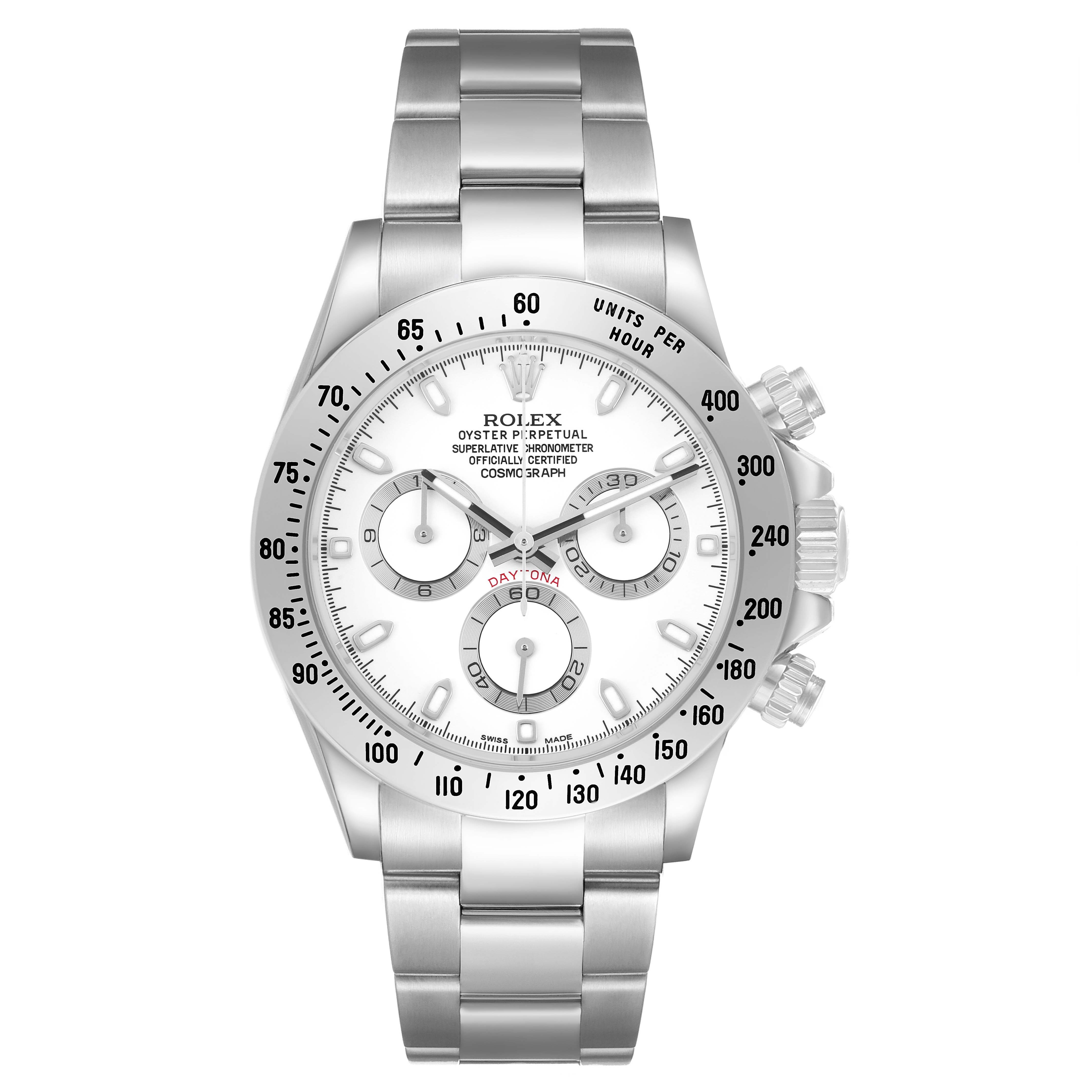 The Rolex Daytona 116520 Men's Stainless Steel White Dial watch is shown from a front view, displaying its face, bezel, crown, and bracelet.