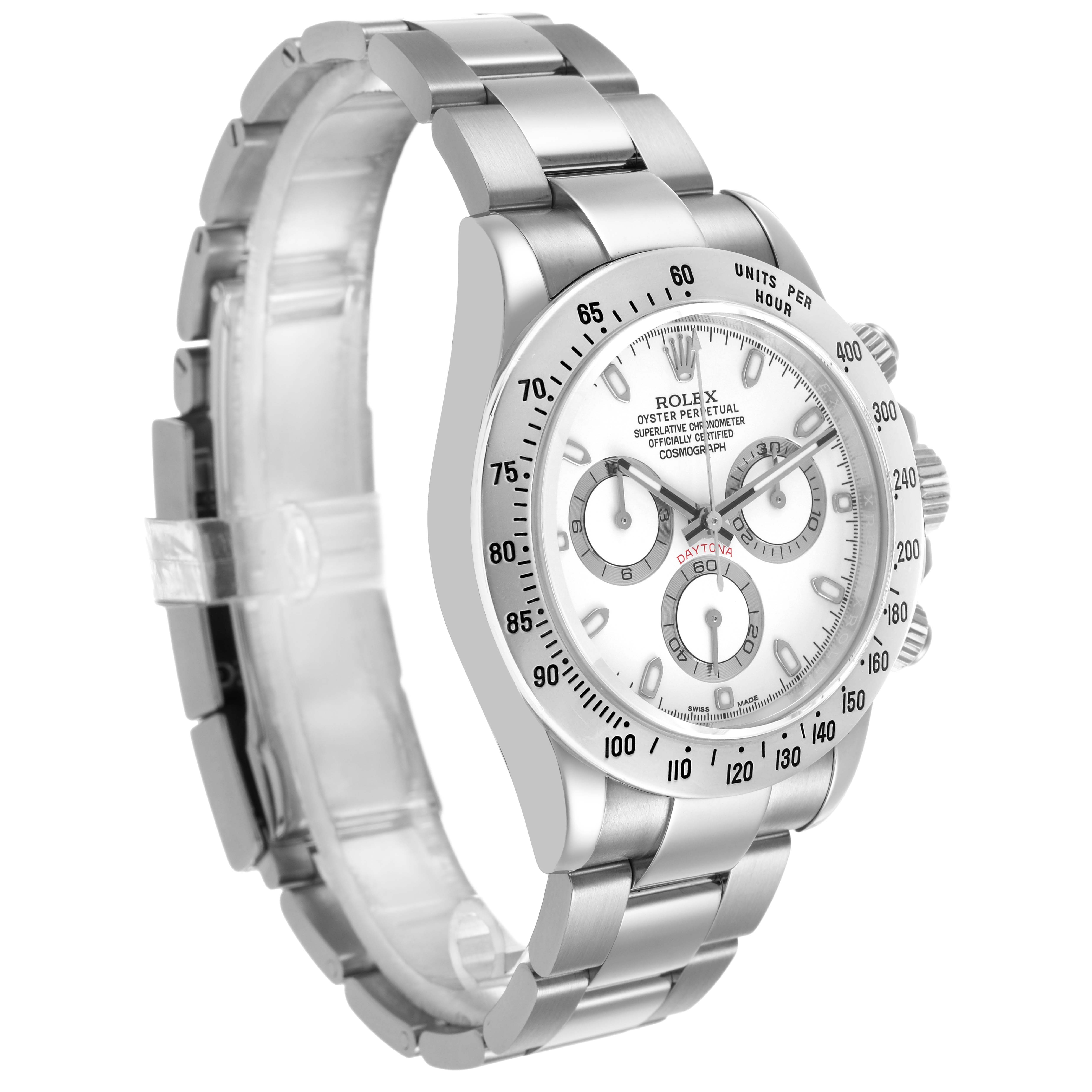 The Rolex Daytona 116520 Men's Stainless Steel White Dial watch is shown at a three-quarter angle, displaying the face, bezel, crown, and bracelet.