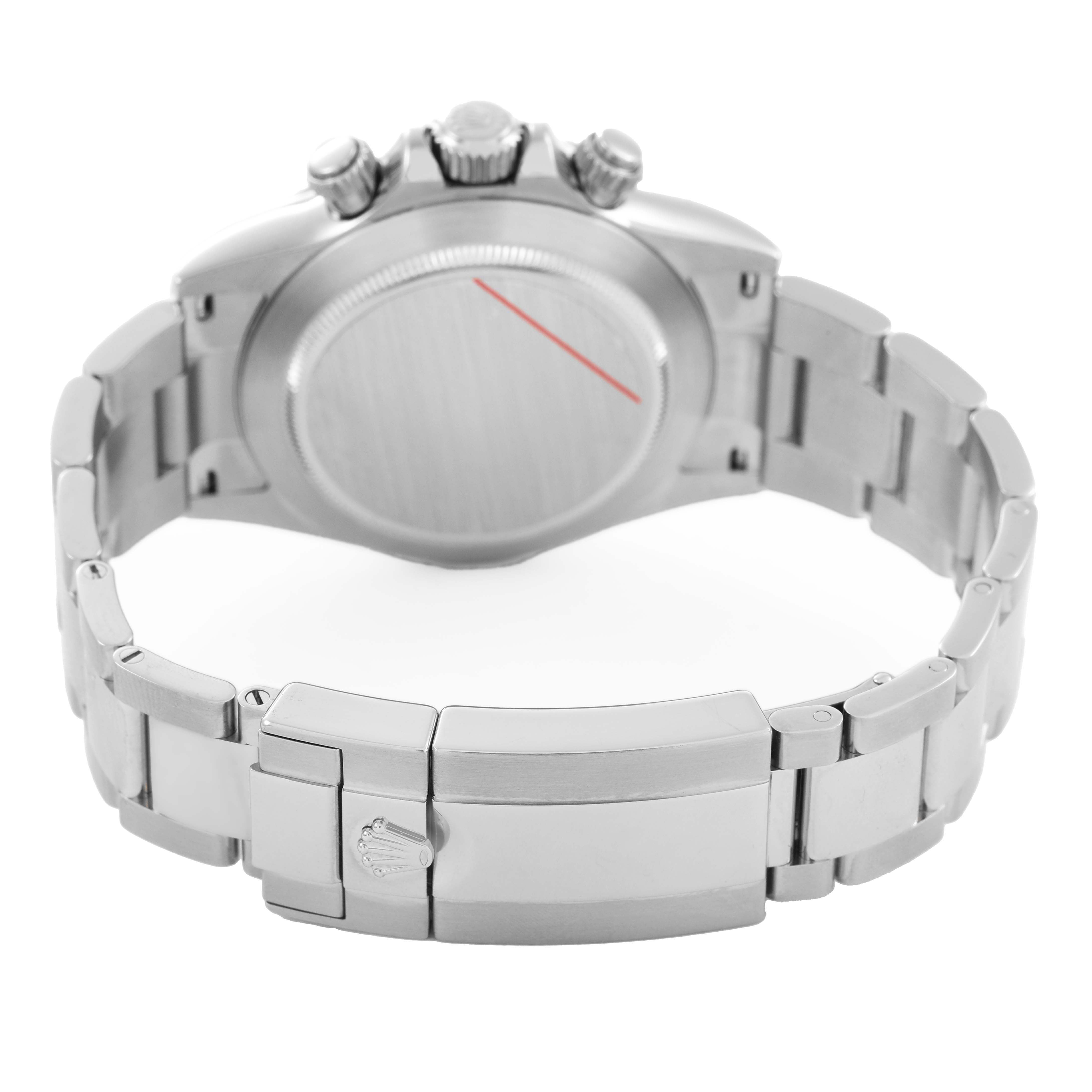 The image shows the back and band, highlighting the clasp and caseback of the Rolex Daytona 116520 Men's Stainless Steel White Dial.