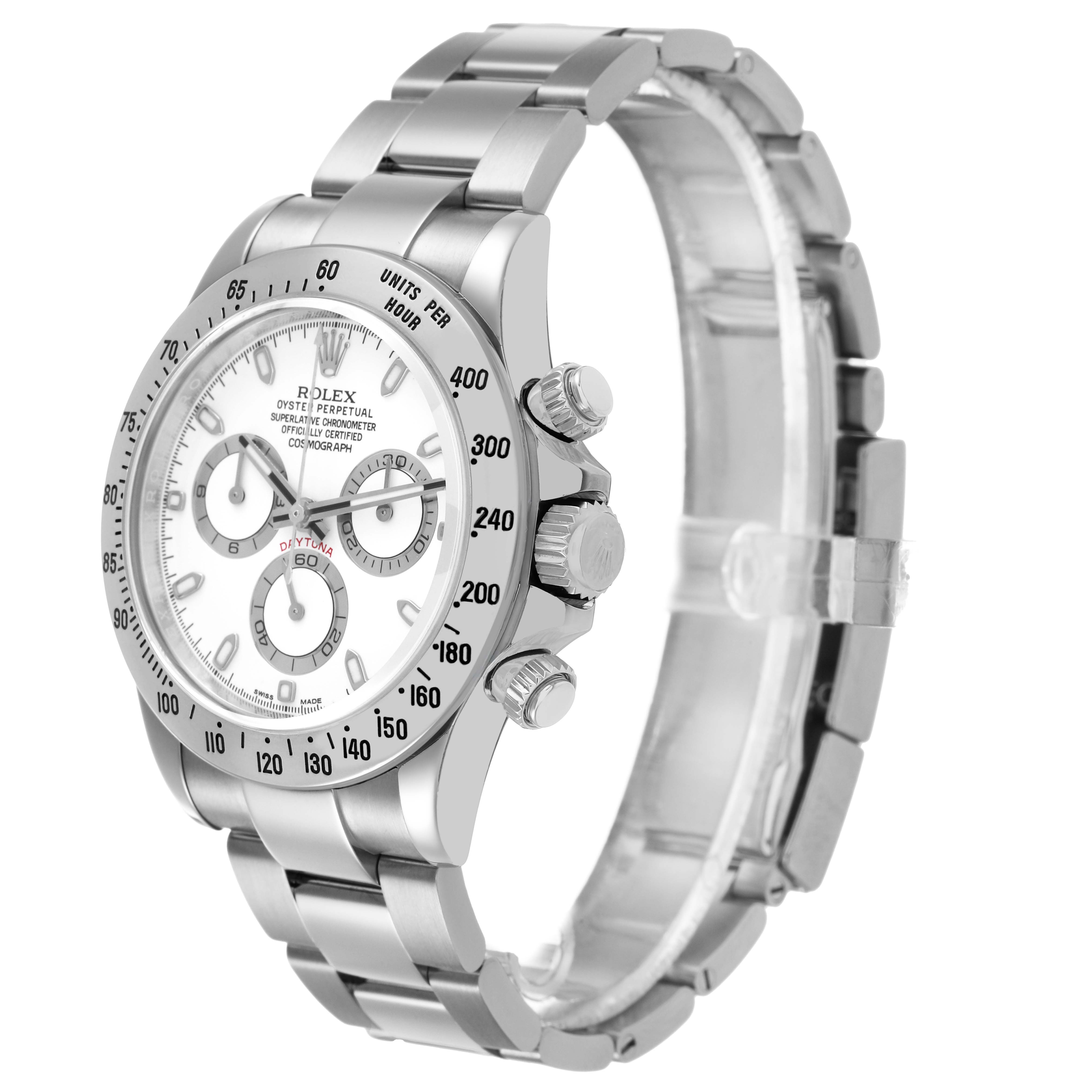 The Rolex Daytona 116520 Men's Stainless Steel White Dial watch is shown at an angled side view, highlighting the dial, bezel, case, and bracelet.