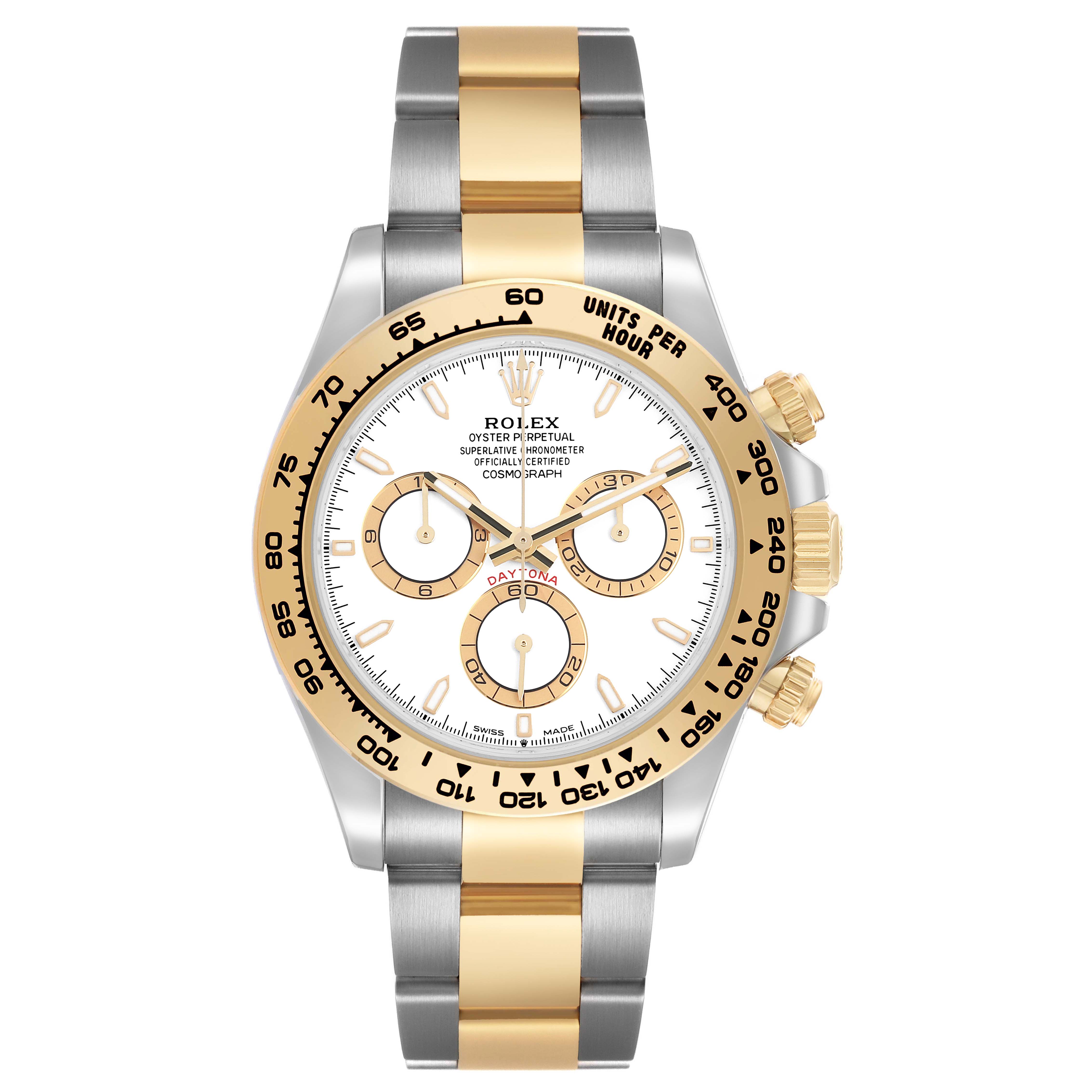 The Rolex Daytona 126503 Men's Steel and Gold (two tone) White Dial watch is shown from the front, highlighting the bezel, dial, indices, and two-tone bracelet.