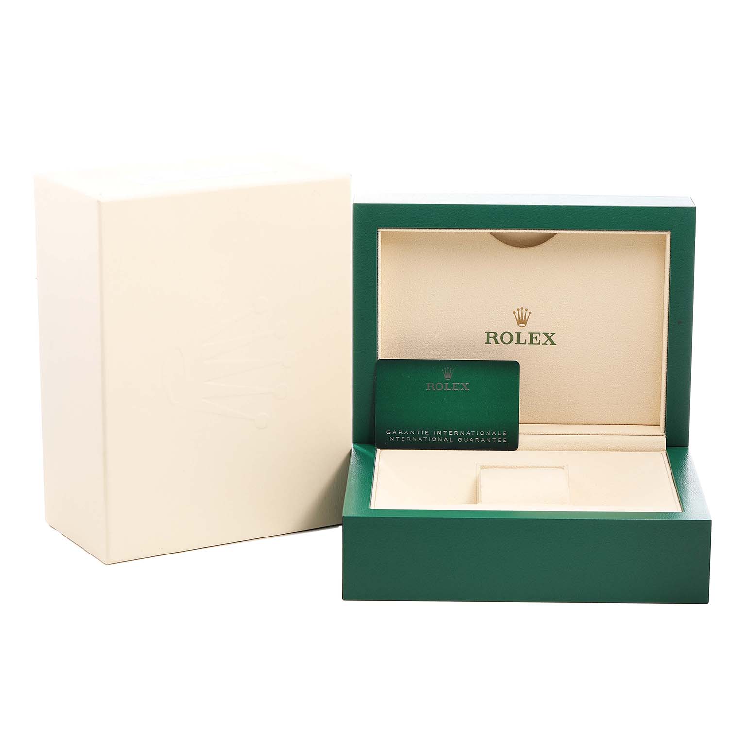 The image shows a green Rolex Daytona 126503 Men's Steel and Gold (two tone) White Dial watch box and guarantee card from a front angle.
