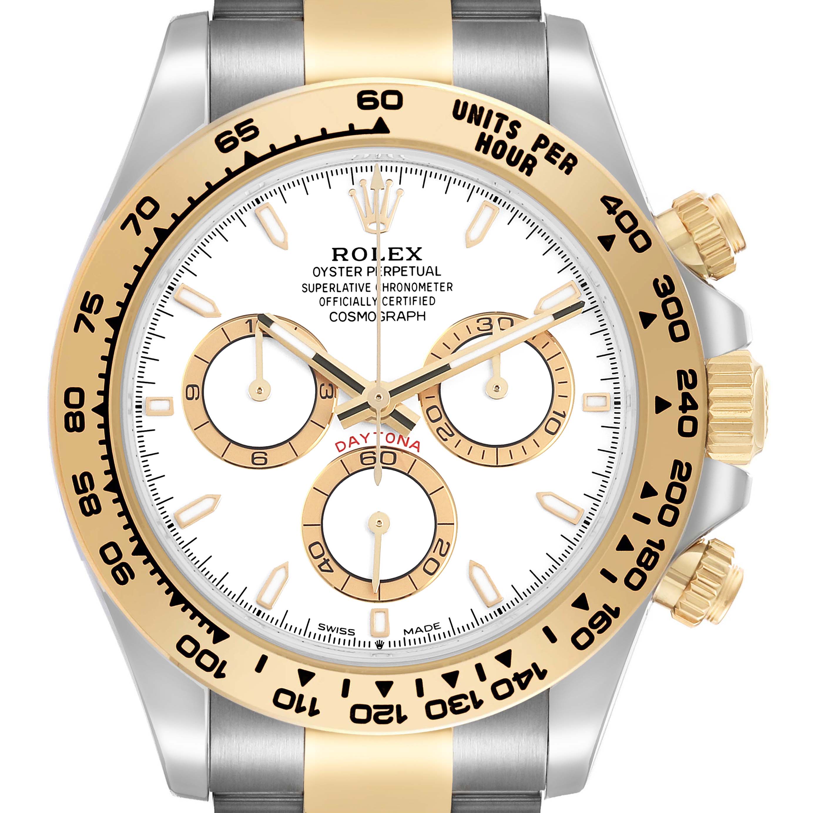 The Rolex Daytona 126503 Men's Steel and Gold (two tone) White Dial watch is shown from the front, highlighting its face, bezel, and sub-dials.