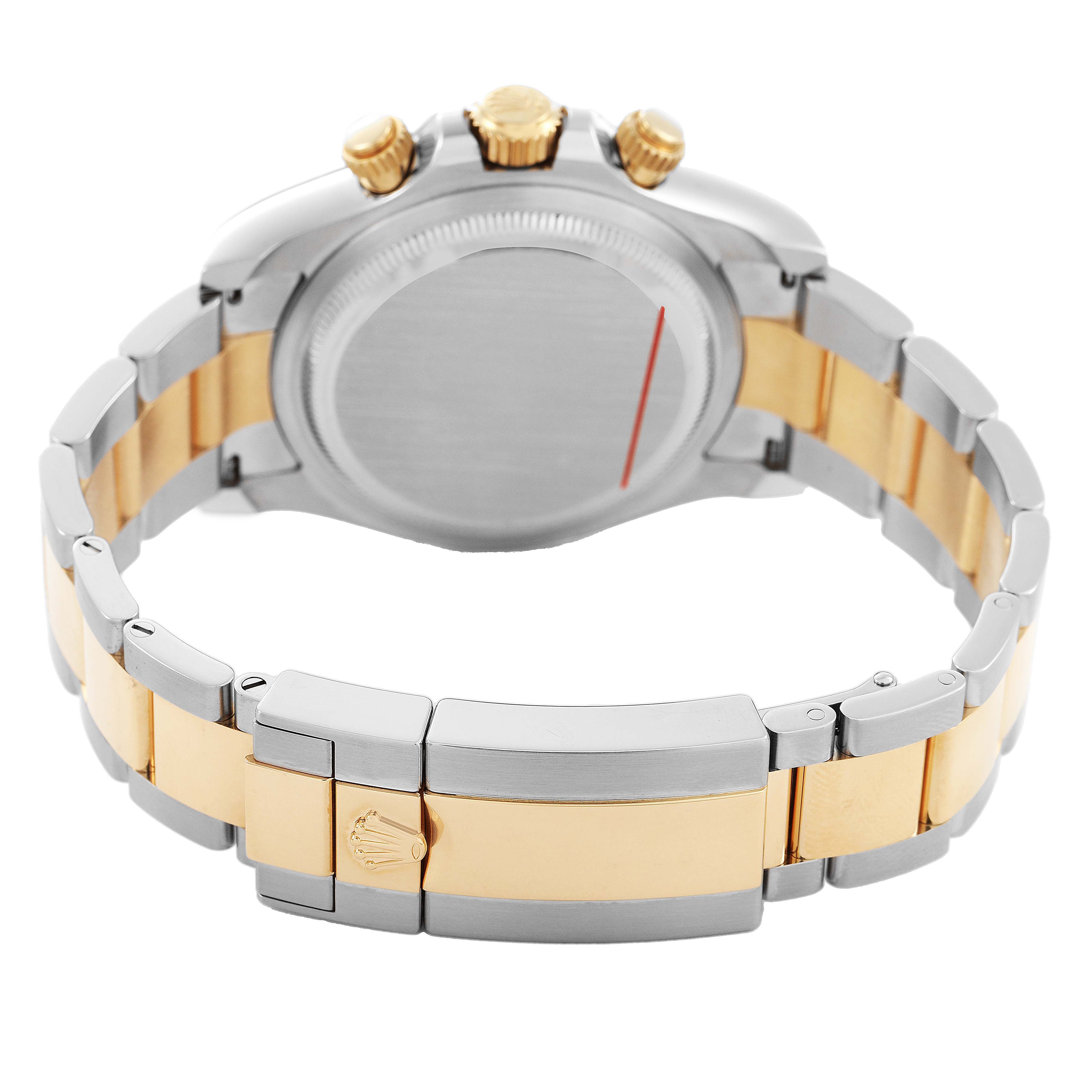 The Rolex Daytona 126503 Men's Steel and Gold (two tone) White Dial watch is shown from the back, highlighting the bracelet, clasp, and screw-down pushers.
