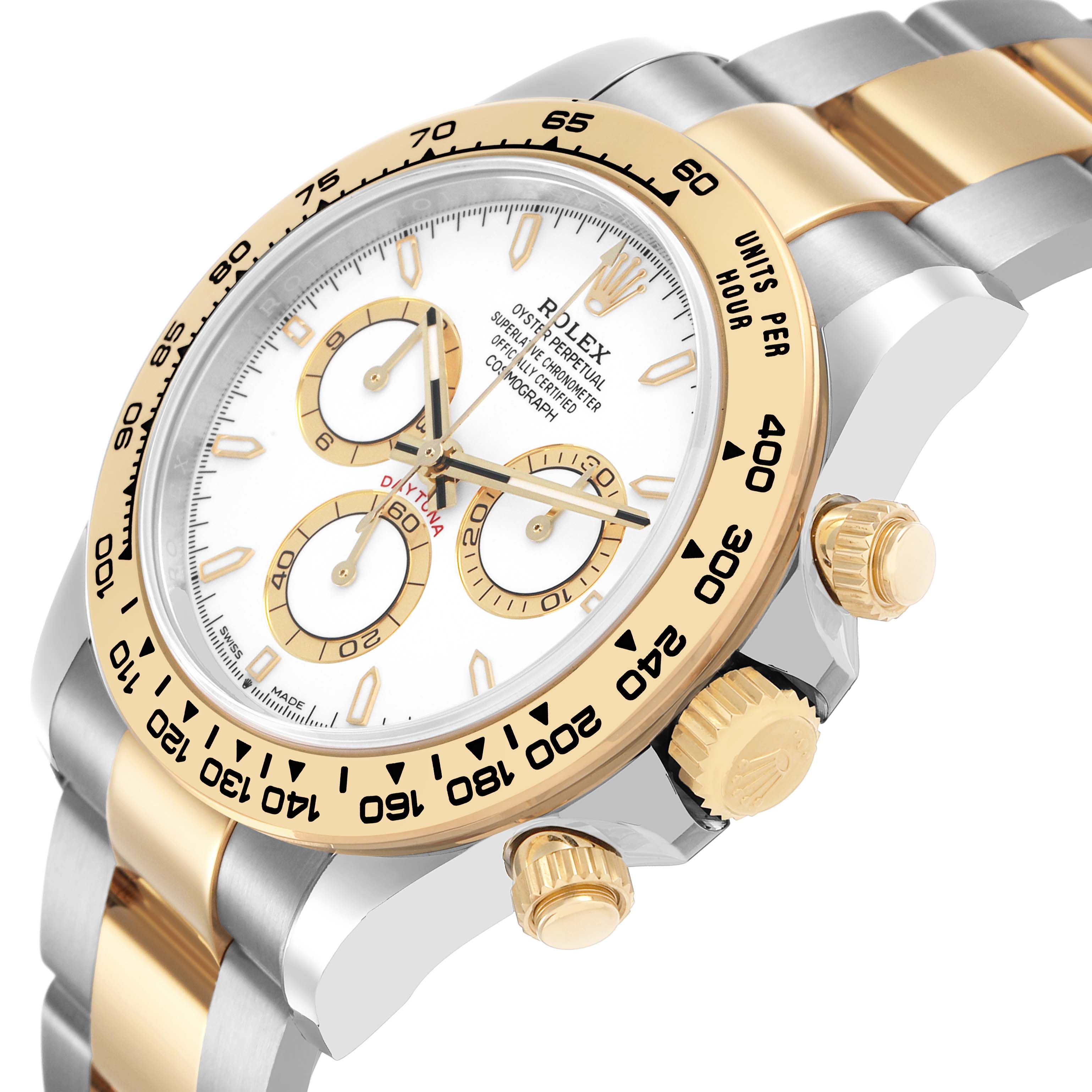 The image shows a Rolex Daytona 126503 Men's Steel and Gold (two tone) White Dial watch at a diagonal angle focusing on the face, bezel, crown, and bracelet.