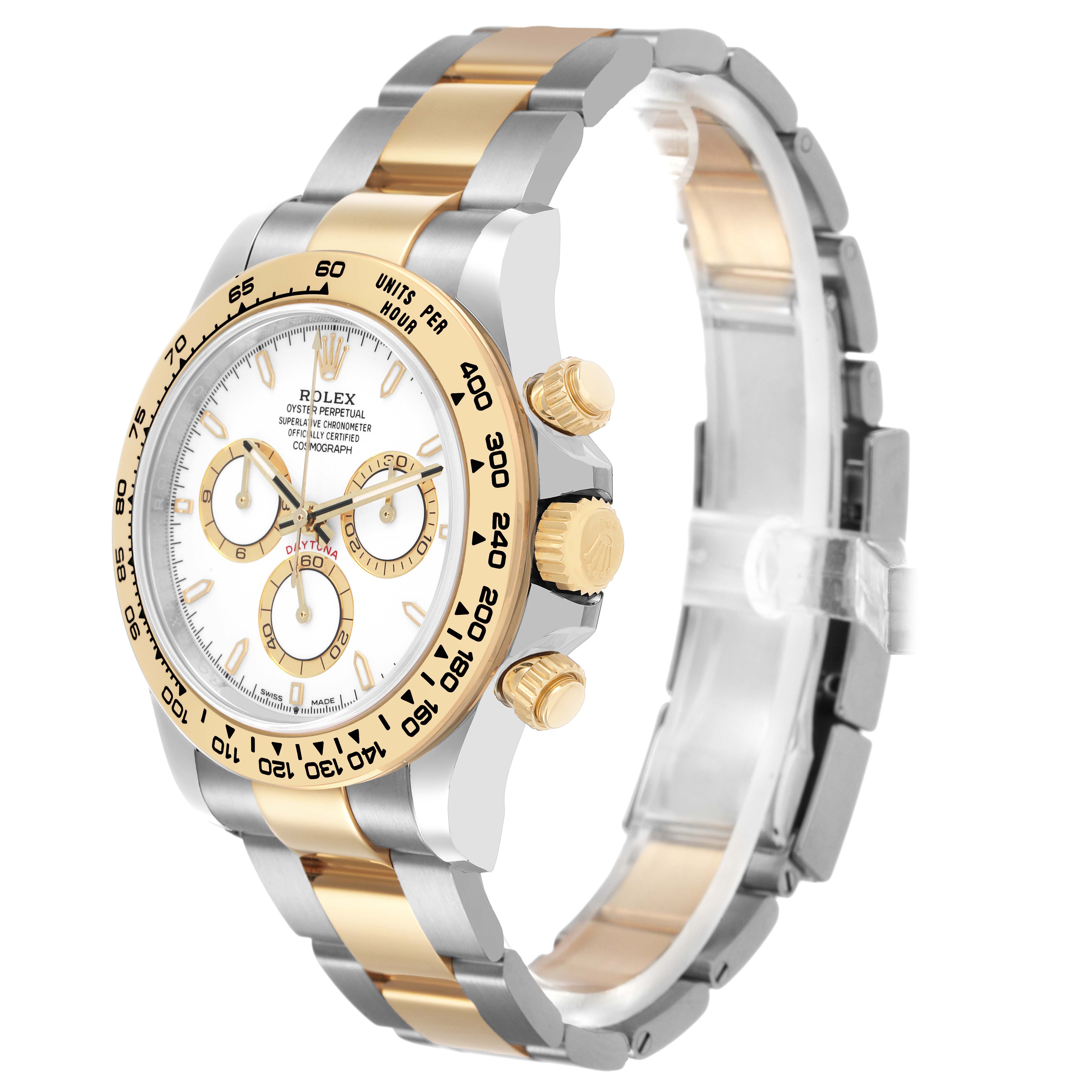 The Rolex Daytona 126503 Men's Steel and Gold (two tone) White Dial watch is shown at a three-quarter angle, displaying the bezel, dial, crown, pushers, and two-tone bracelet.