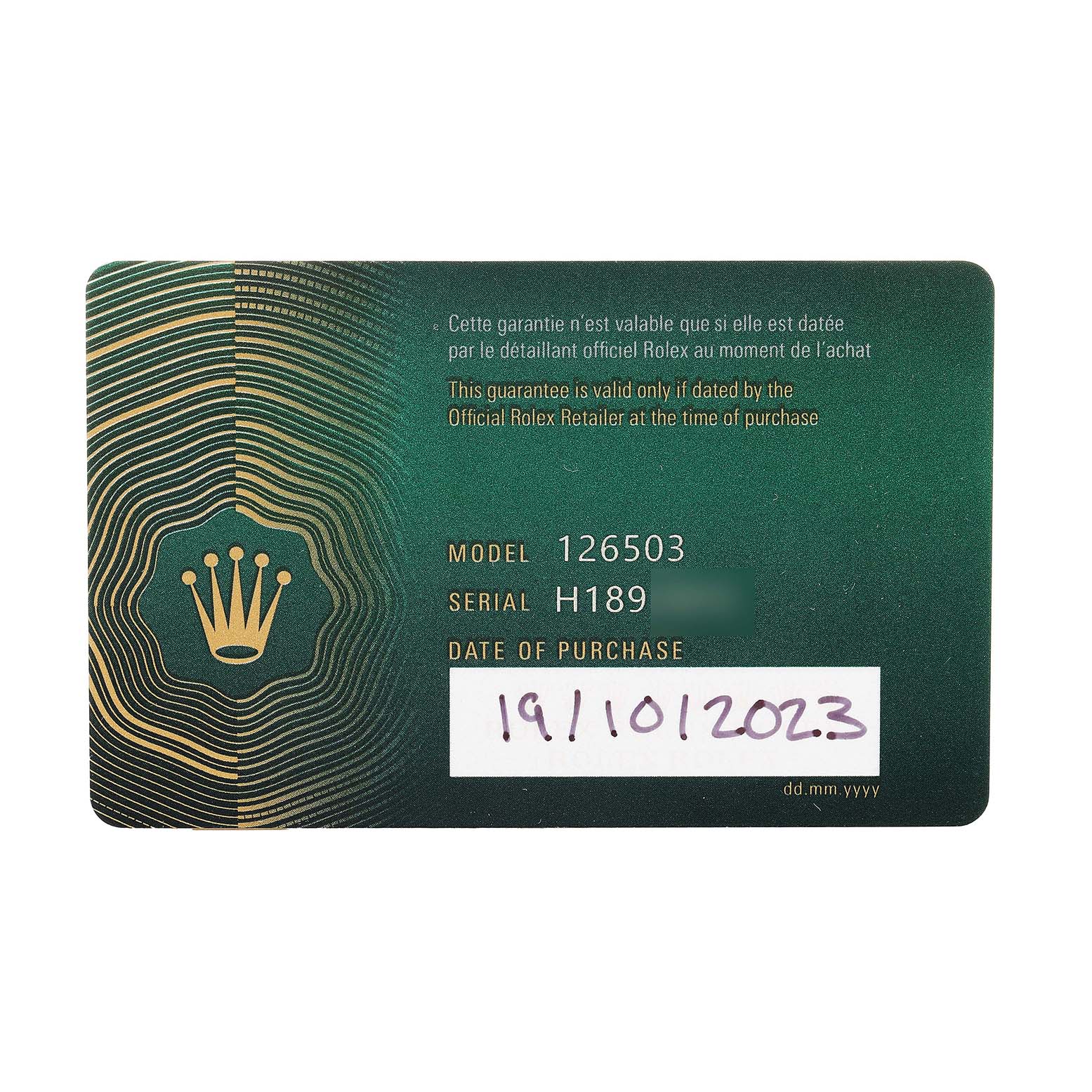 This image shows the warranty card for the Rolex Daytona 126503 Men's Steel and Gold (two tone) White Dial model, displaying model, serial, and purchase date.