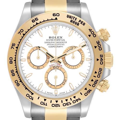 The Rolex Daytona 126503 Men's Steel and Gold (two tone) White Dial watch is shown from a frontal angle, highlighting its face, bezel, and side buttons.