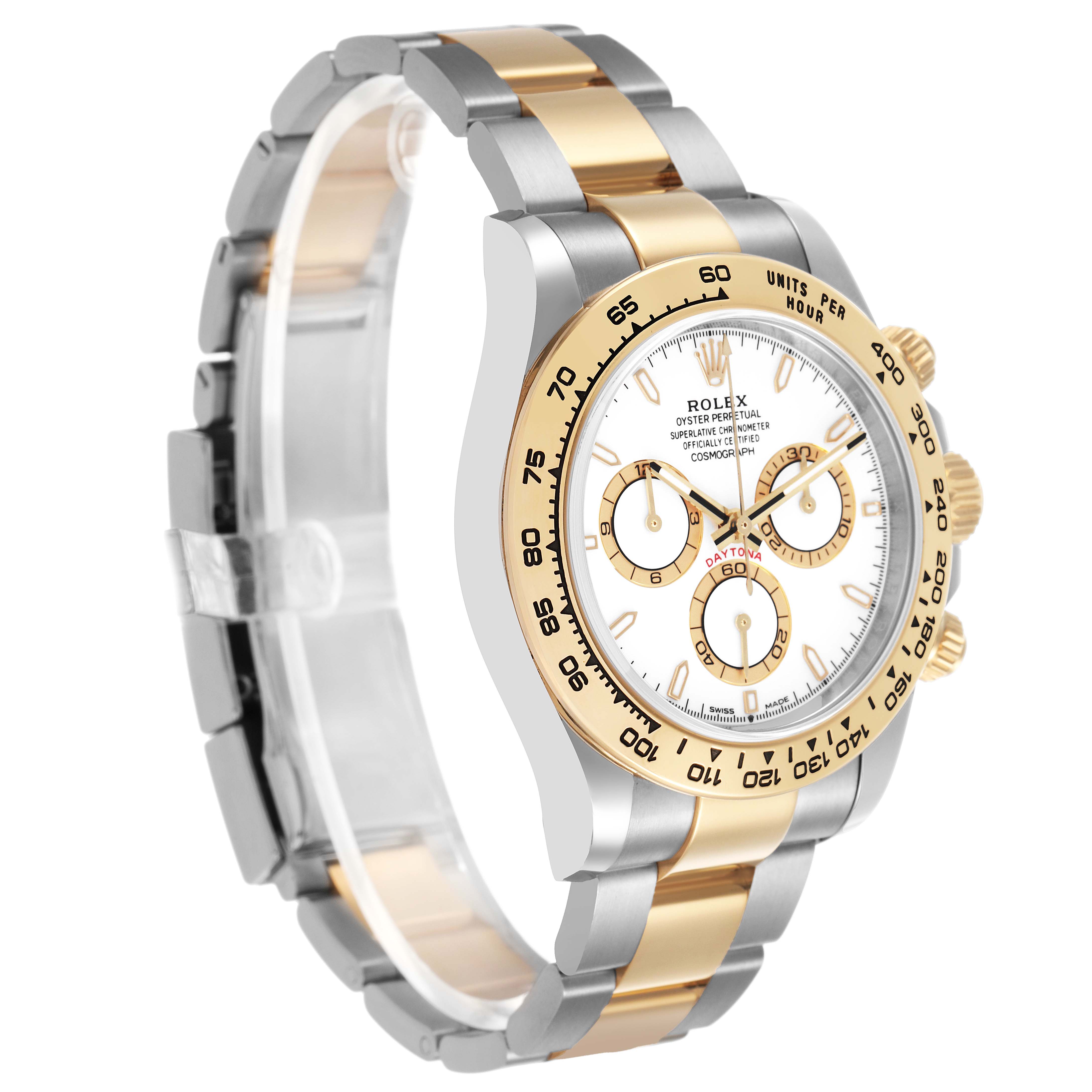 The Rolex Daytona 126503 Men's Steel and Gold (two tone) White Dial watch is shown at a three-quarter angle, highlighting the face, bezel, and bracelet in a mix of gold and silver tones.