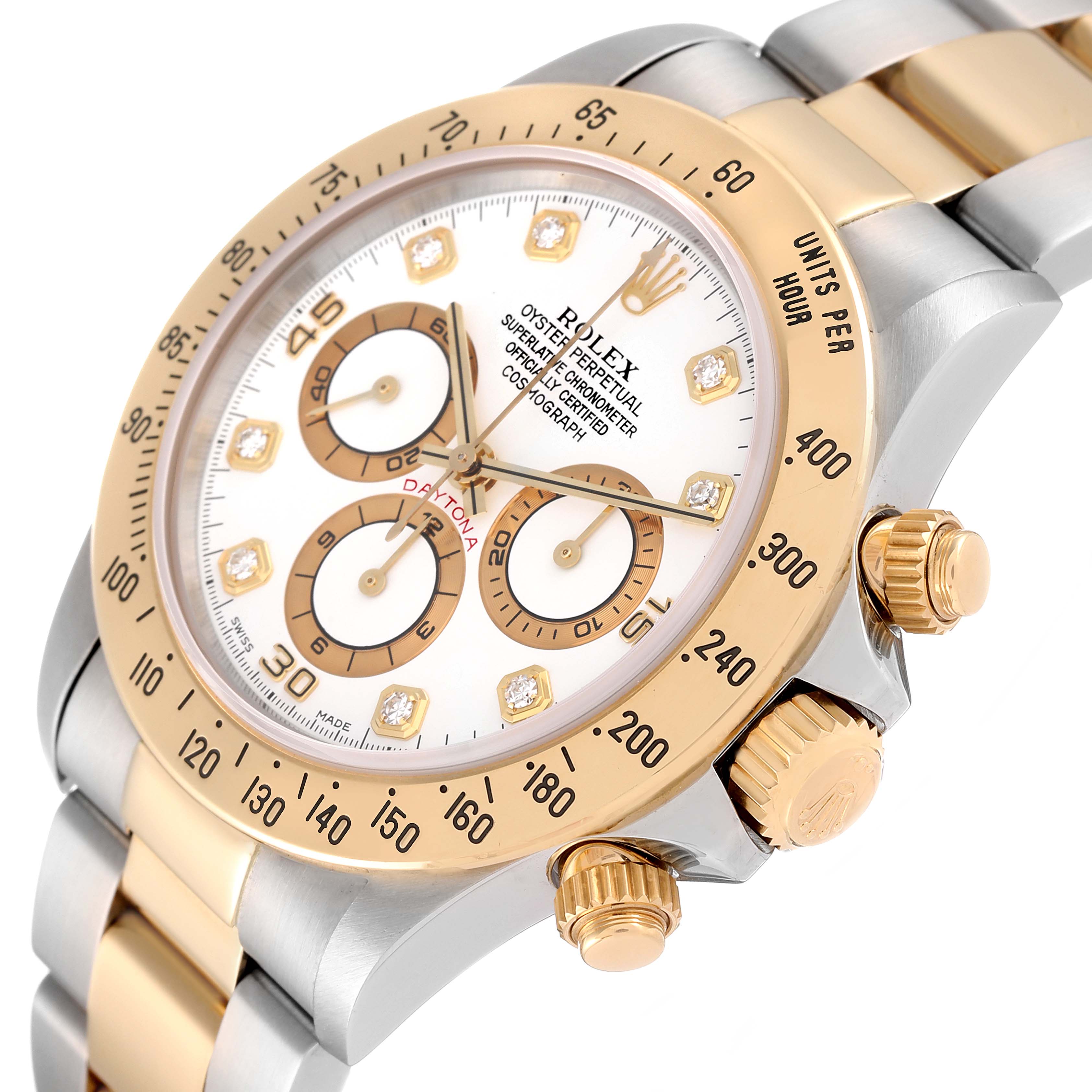 This image shows the face and right side of a Rolex Daytona 16523 Men's Steel and Gold (two tone) White Dial 16523 Men's Steel and Gold (two tone) White Dial watch at an angled top-down view, highlighting the dial and crown.