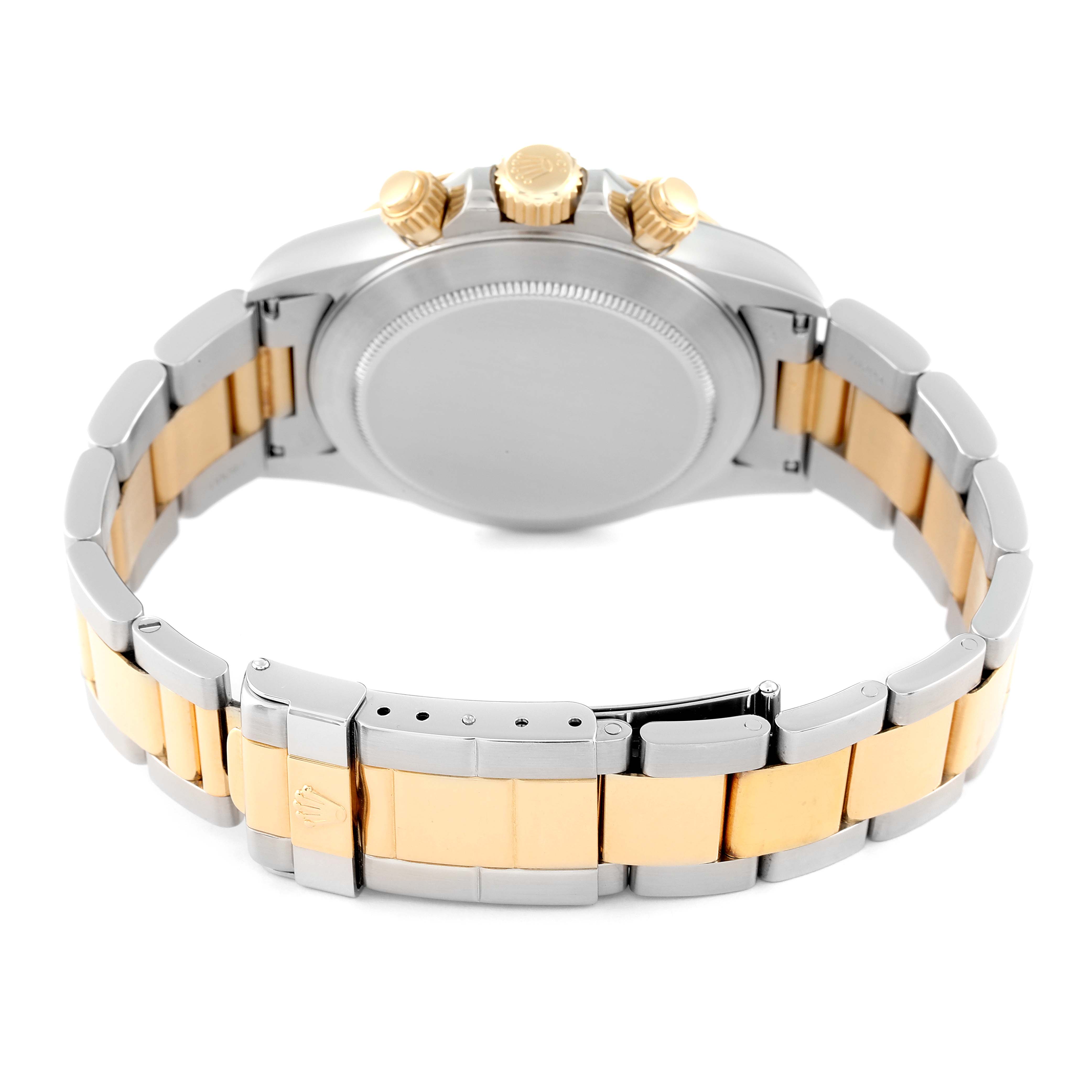 The image shows the back case, crown, and bracelet of a Rolex Daytona 16523 Men's Steel and Gold (two tone) White Dial 16523 Men's Steel and Gold (two tone) White Dial watch from a rear angle.