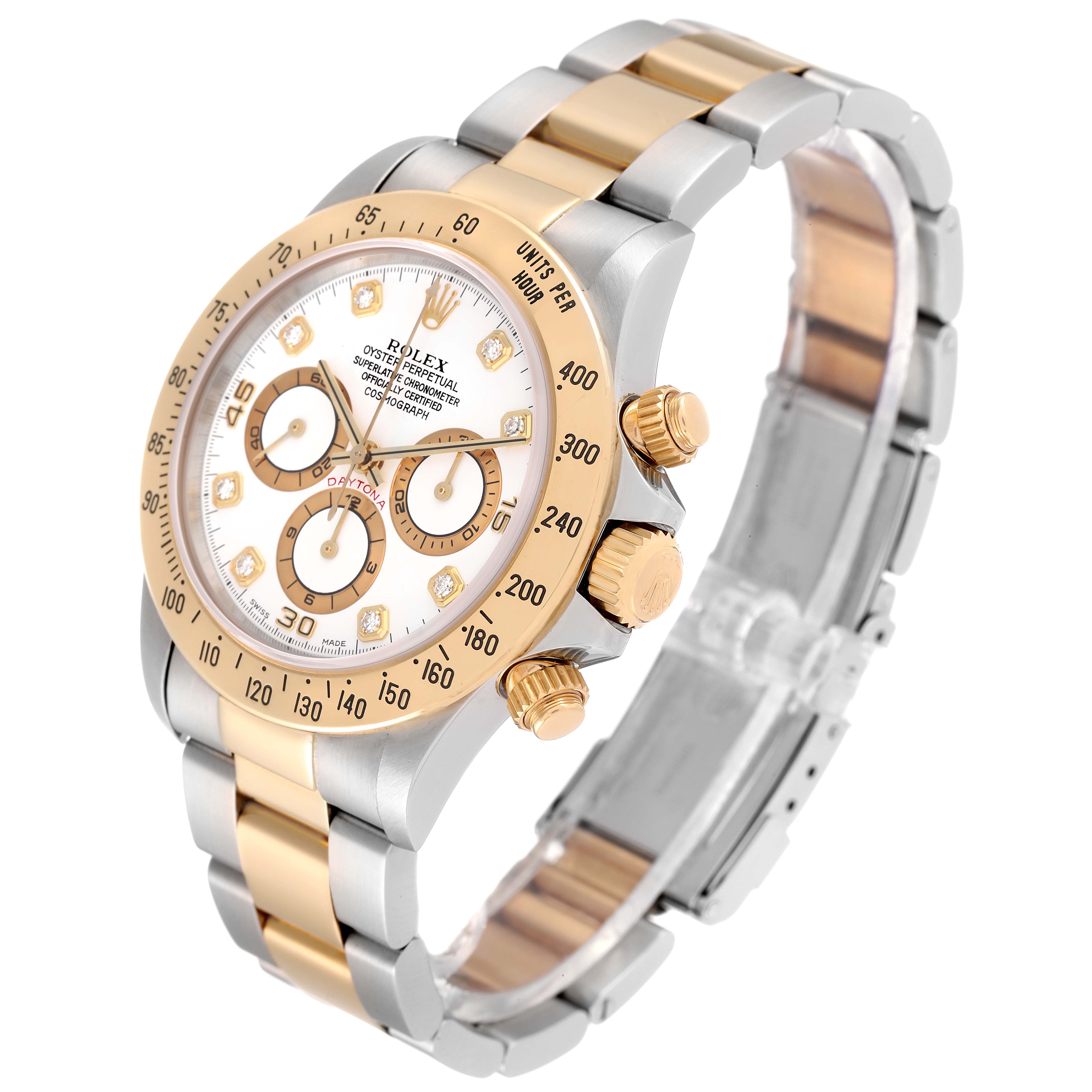 The image shows a Rolex Daytona 16523 Men's Steel and Gold (two tone) White Dial 16523 Men's Steel and Gold (two tone) White Dial model watch, angled to highlight the watch face, bezel, and two-tone bracelet.