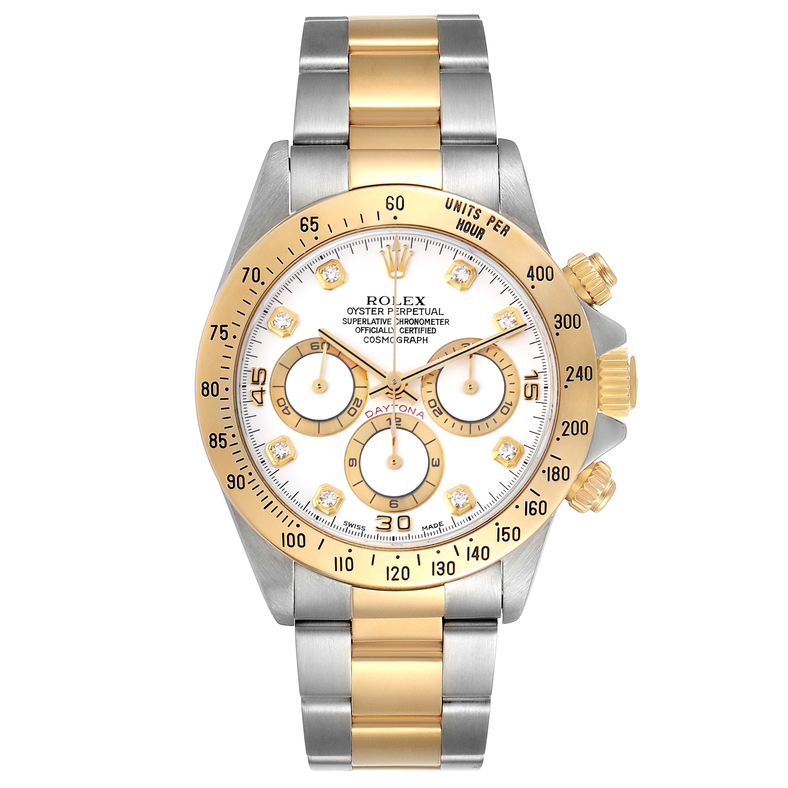This image shows a front view of a Rolex Daytona 16523 Men's Steel and Gold (two tone) White Dial 16523 Men's Steel and Gold (two tone) White Dial watch, highlighting its dial, bezel, and two-tone bracelet.