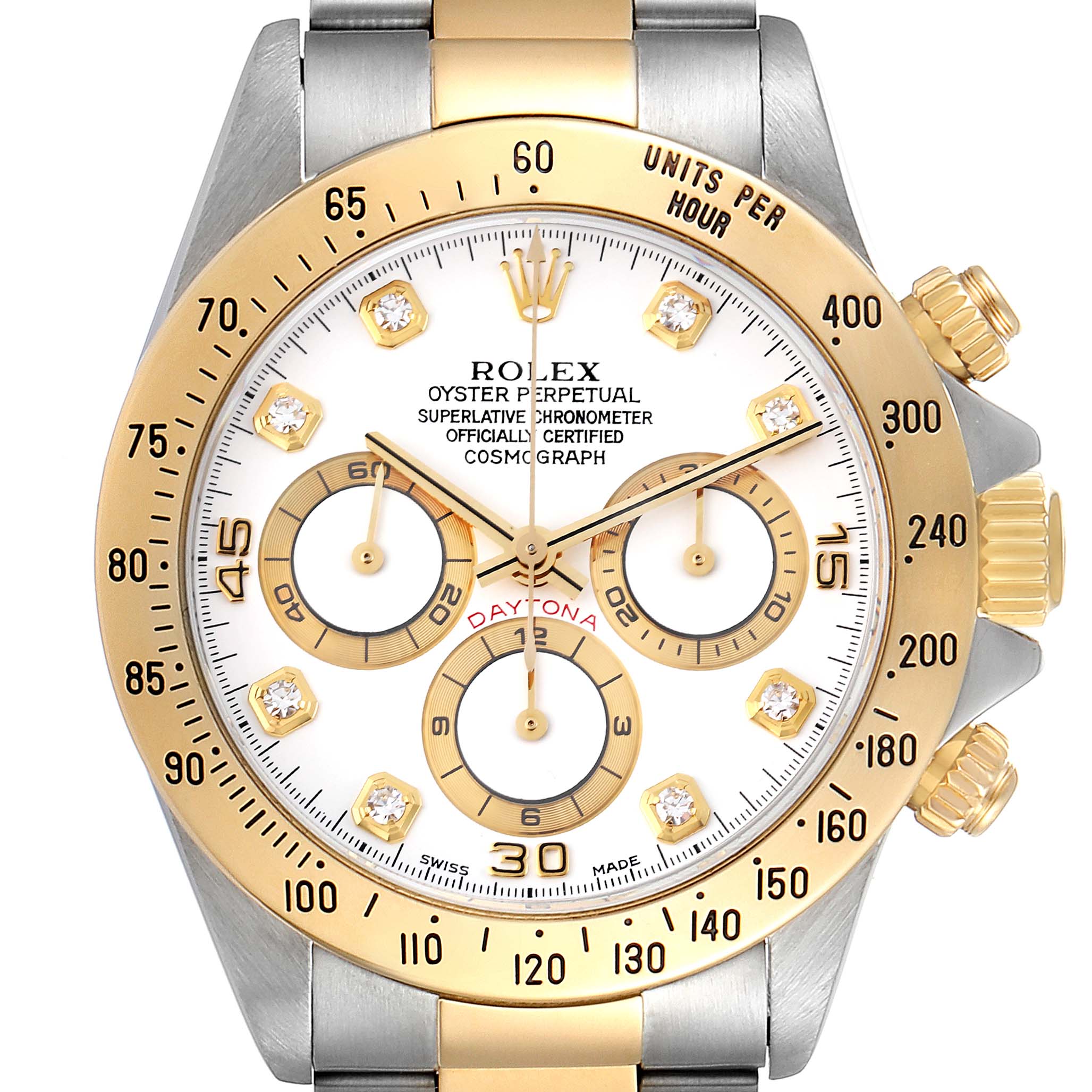 The image shows a frontal view of a Rolex Daytona 16523 Men's Steel and Gold (two tone) White Dial 16523 Men's Steel and Gold (two tone) White Dial watch, highlighting its dial, bezel, pushers, and part of the bracelet.