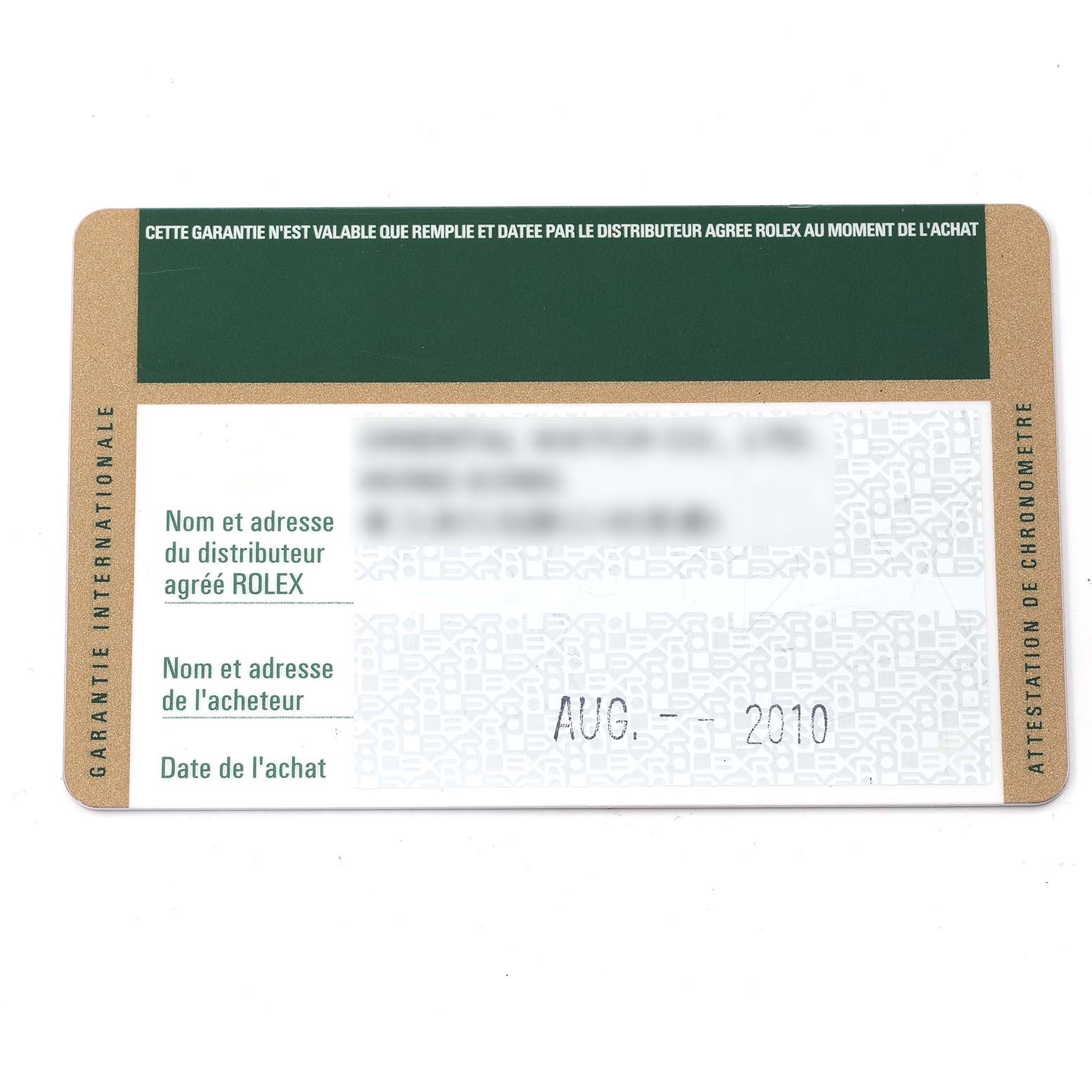 This is an image of the guarantee card for a Rolex Explorer 16570 Men
s Stainless Steel Black Dial 16570 Men
s Stainless Steel Black Dial watch, showing purchase date, distributor, and owner information sections.