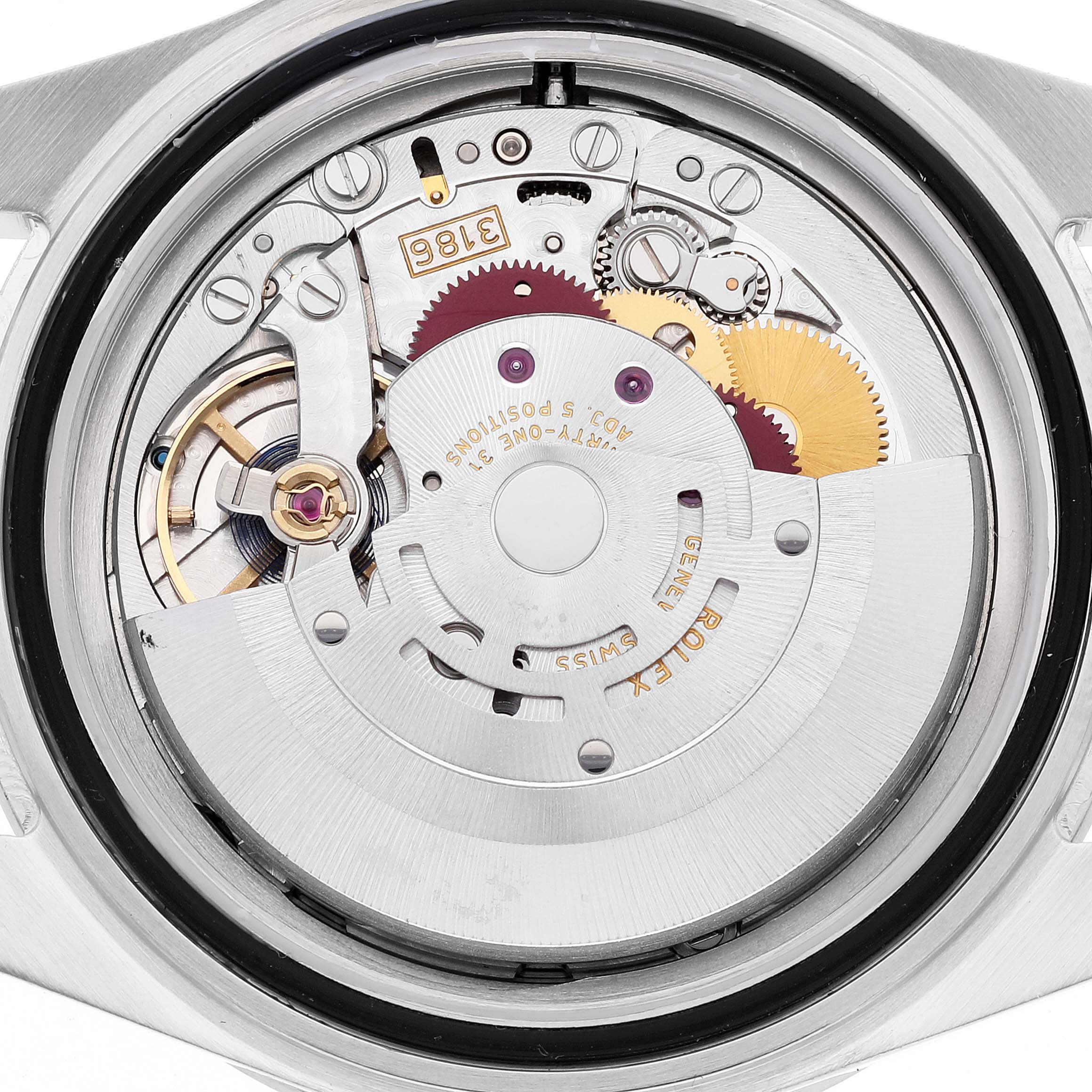 The image shows the back view of the movement mechanism inside a Rolex Explorer 16570 Men
s Stainless Steel Black Dial 16570 Men
s Stainless Steel Black Dial watch.