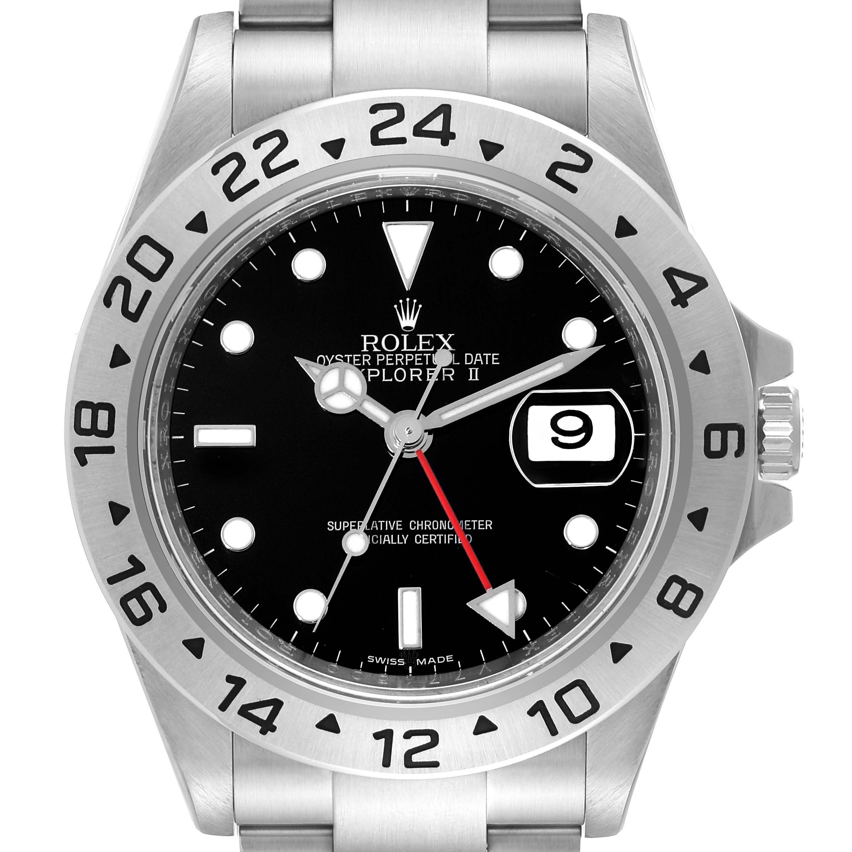 This image shows the front view of a Rolex Explorer 16570 Men
s Stainless Steel Black Dial 16570 Men
s Stainless Steel Black Dial II, highlighting the dial, bezel, hands, date window, and part of the bracelet.